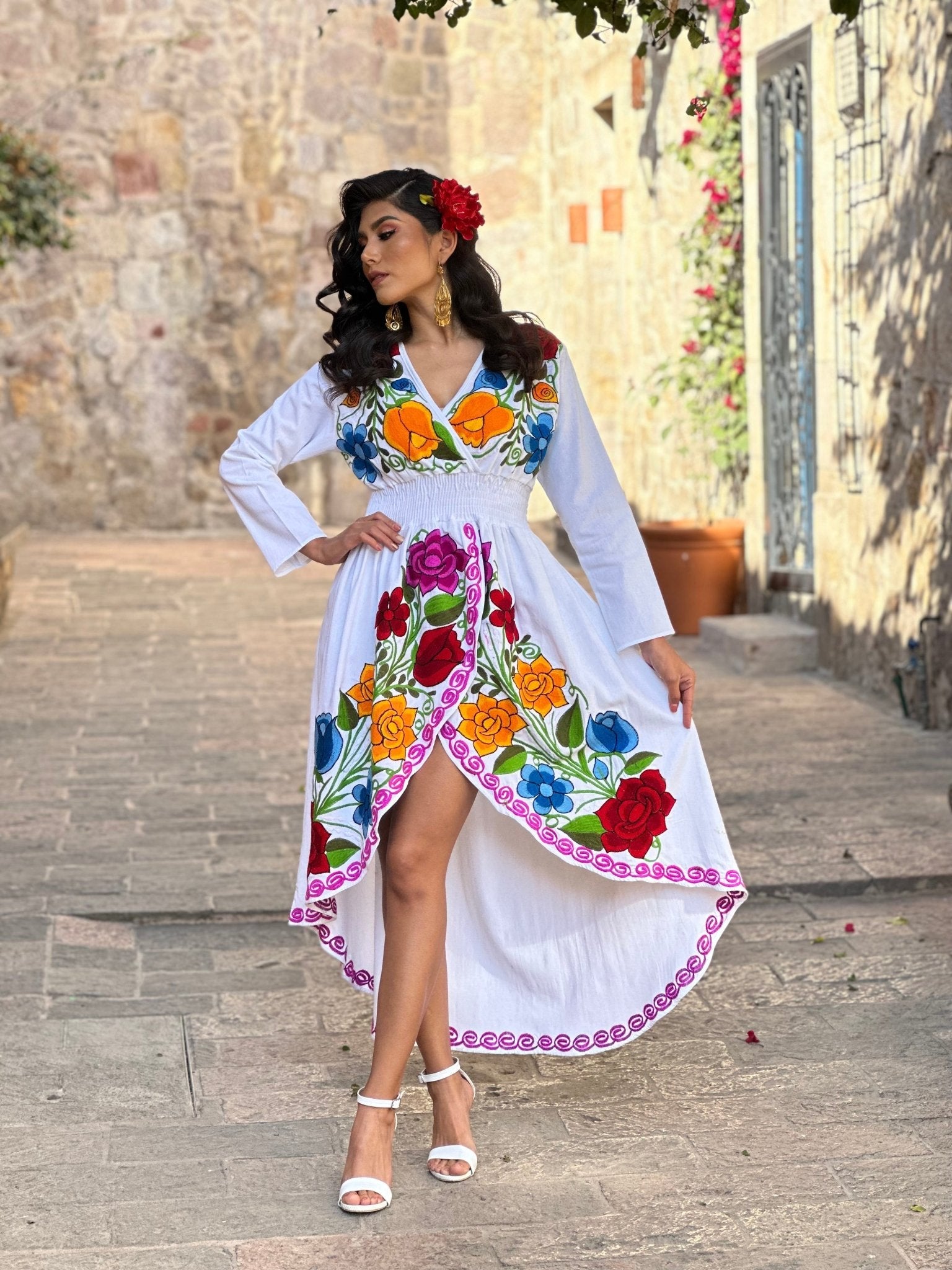 Mexican Floral Asymmetrical Dress in White with multicolor embroidery.