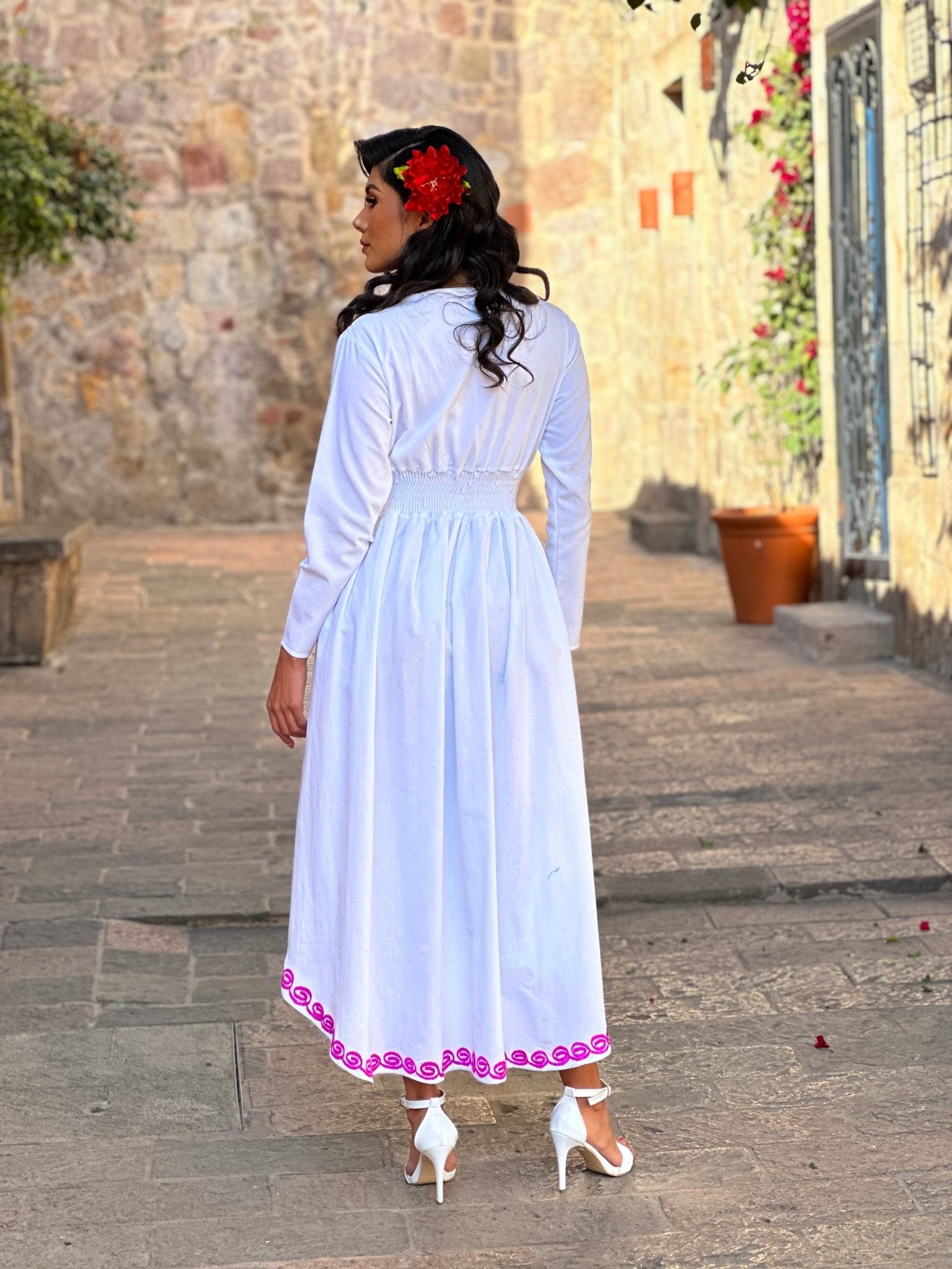 Mexican Floral Asymmetrical Dress in White with multicolor embroidery.