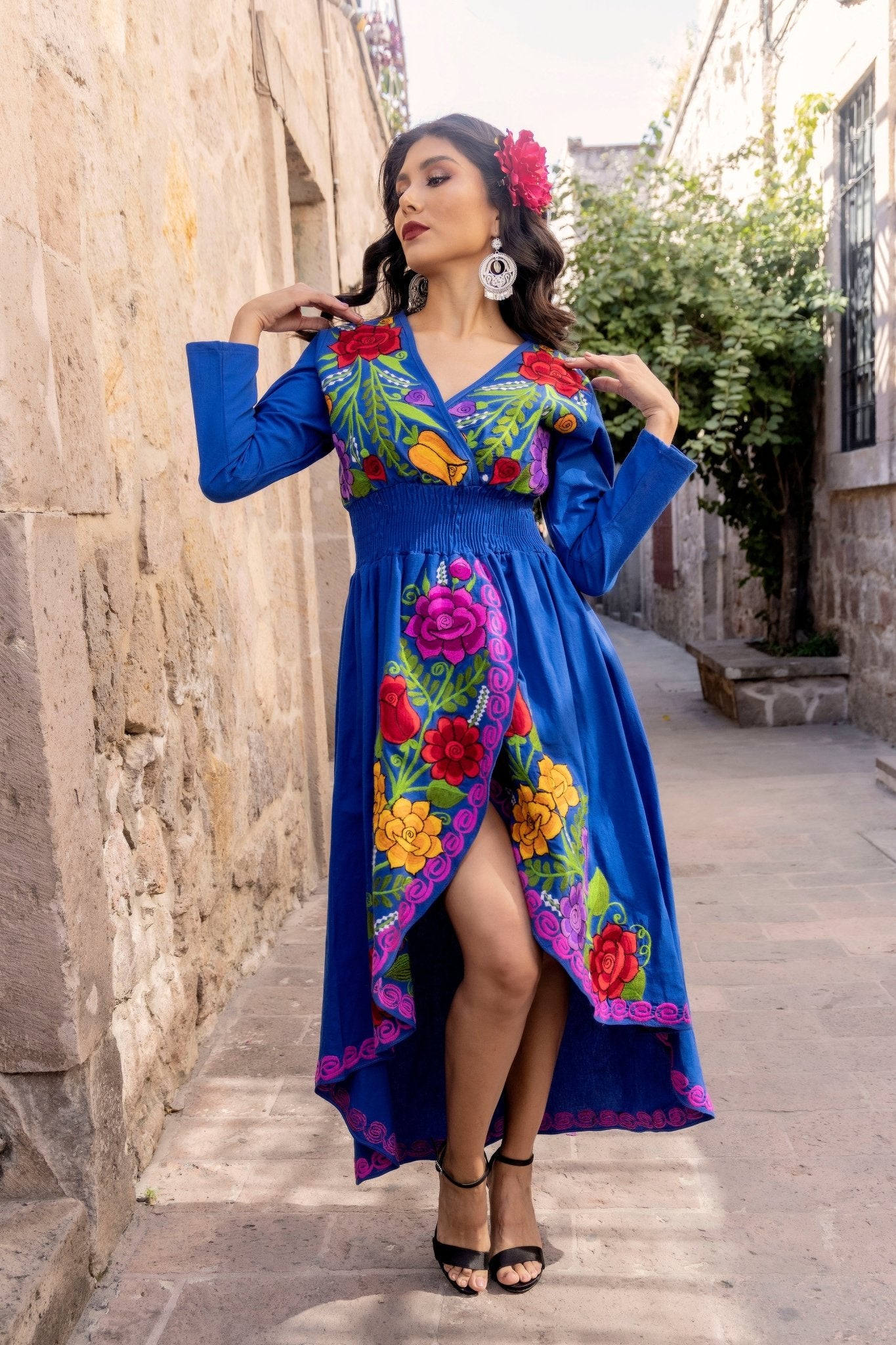 Mexican Floral Asymmetrical Dress in Royal Blue with multicolor embroidery.