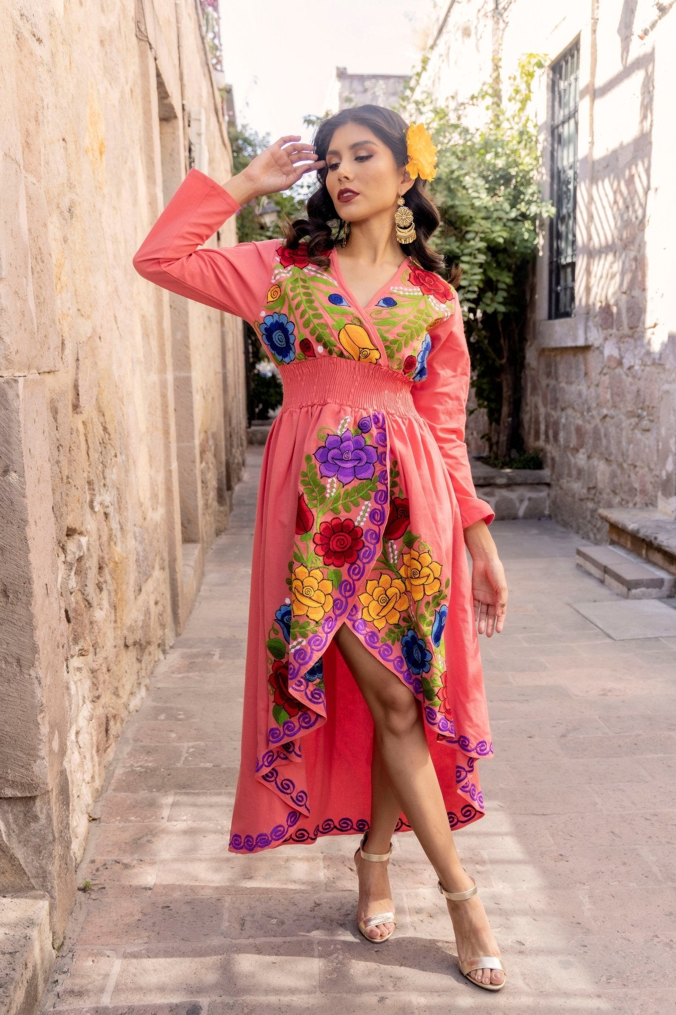 Mexican Floral Asymmetrical Dress in Coral with multicolor embroidery.