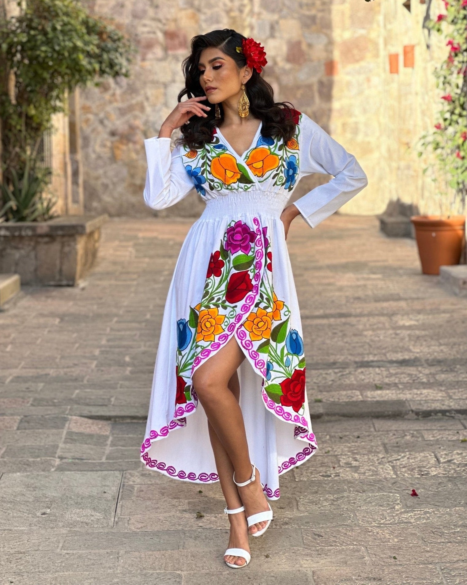 Mexican Floral Asymmetrical Dress in White with multicolor embroidery.