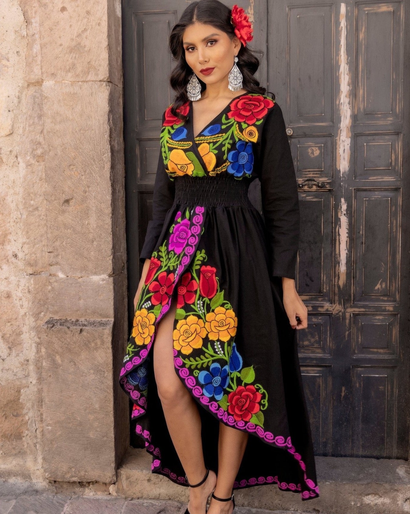 Mexican Floral Asymmetrical Dress in Black with multicolor embroidery.