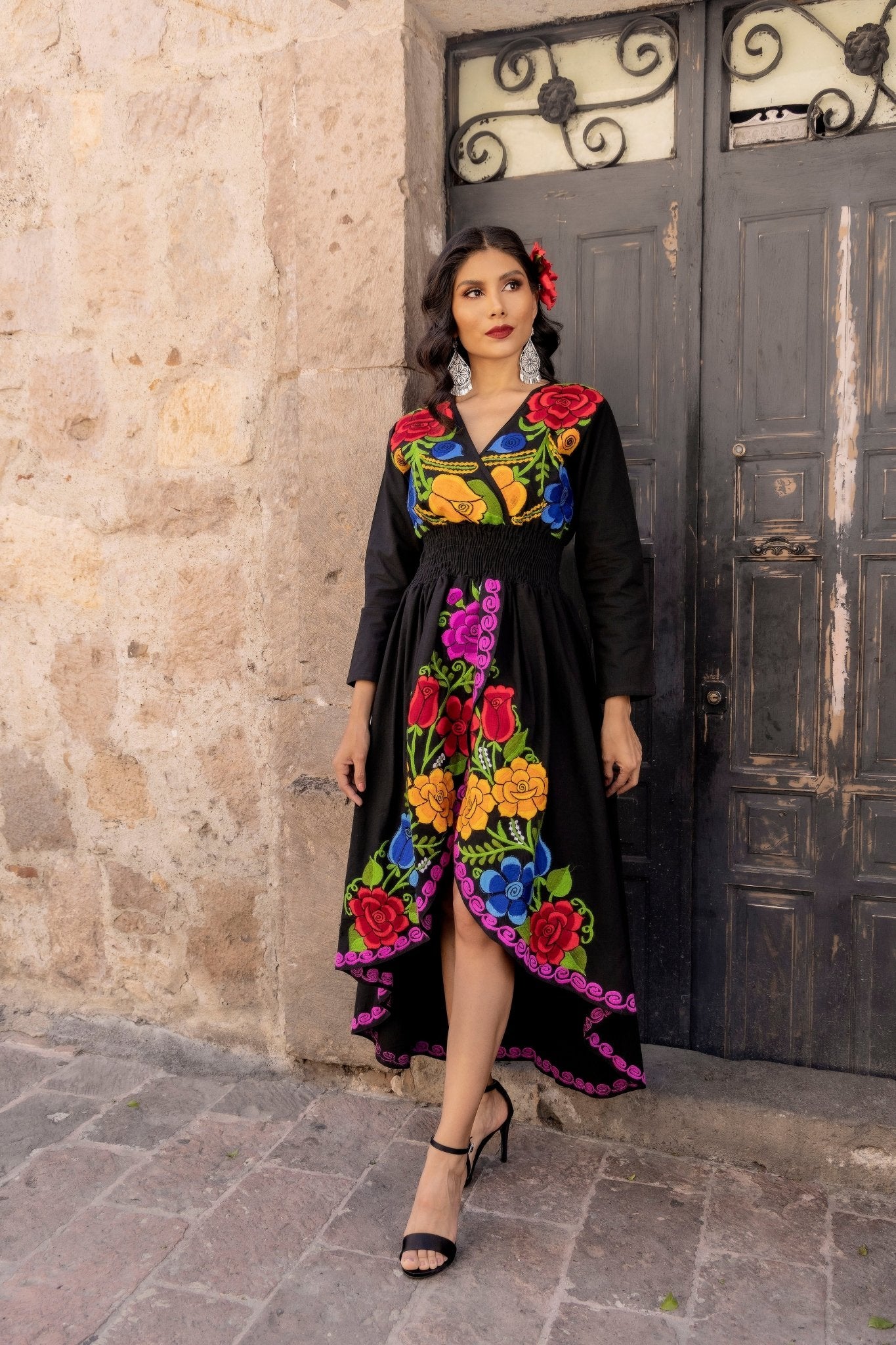 Mexican Floral Asymmetrical Dress in Black with multicolor embroidery.
