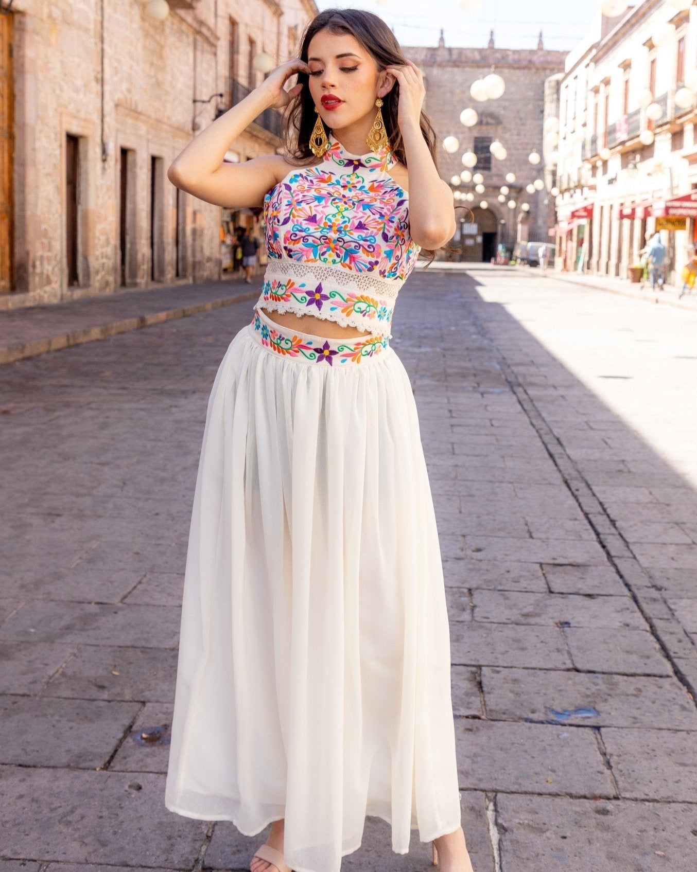 Mexican Floral Embroidered 2 Piece Dress. Vestido Tulum. - Solei Store