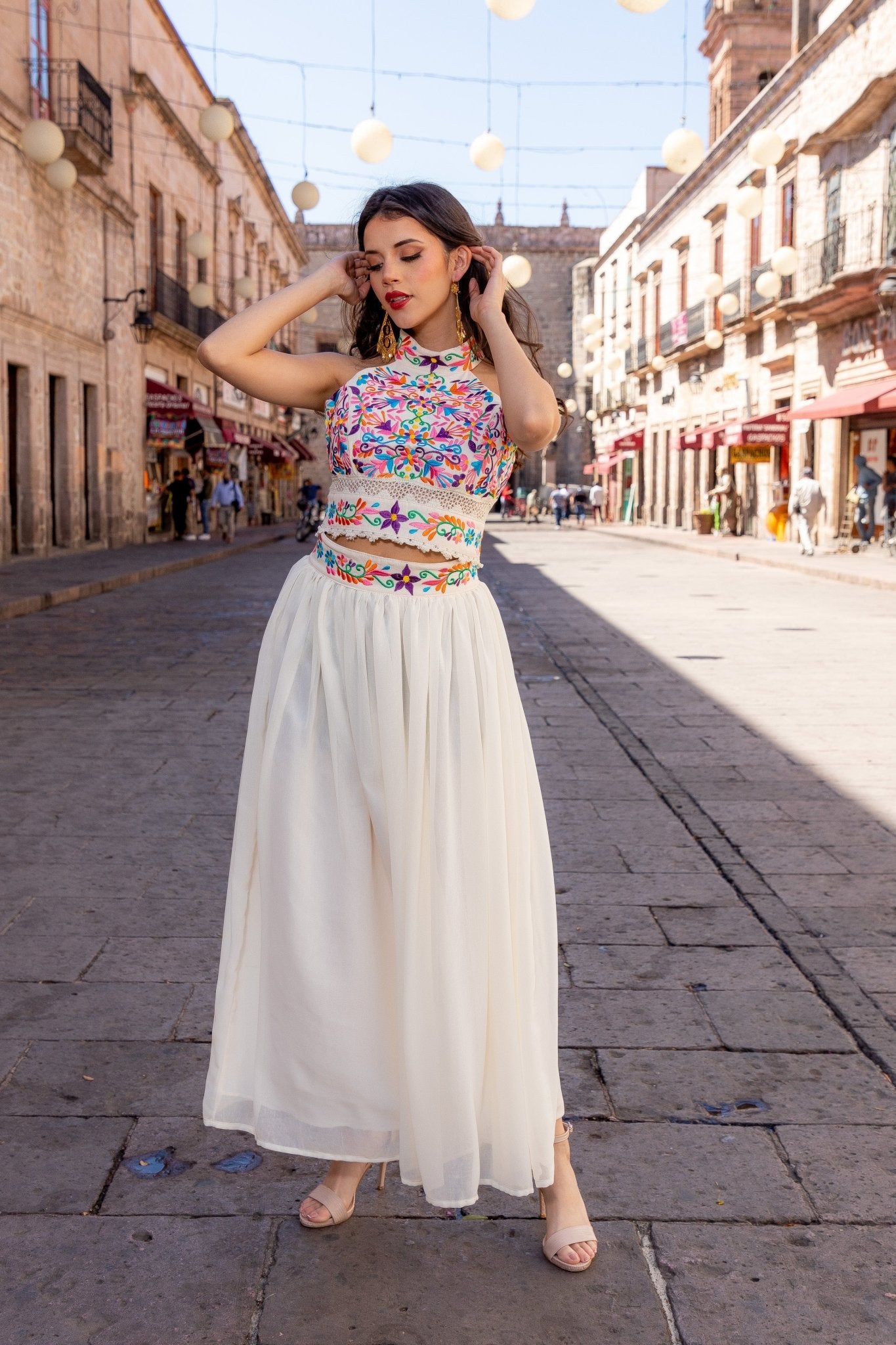 Mexican Floral Embroidered 2 Piece Dress. Vestido Tulum. - Solei Store