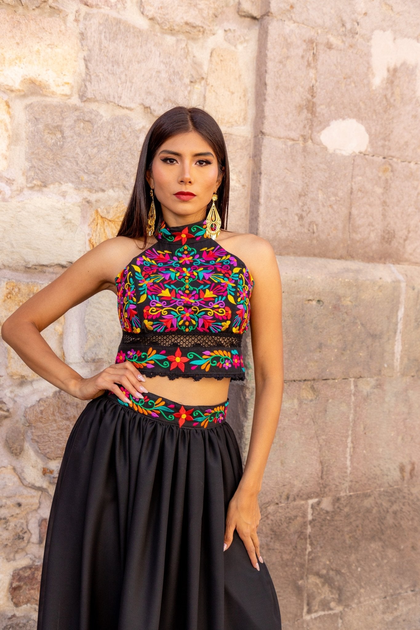 Mexican Floral Embroidered 2 Piece Dress. Vestido Tulum. - Solei Store