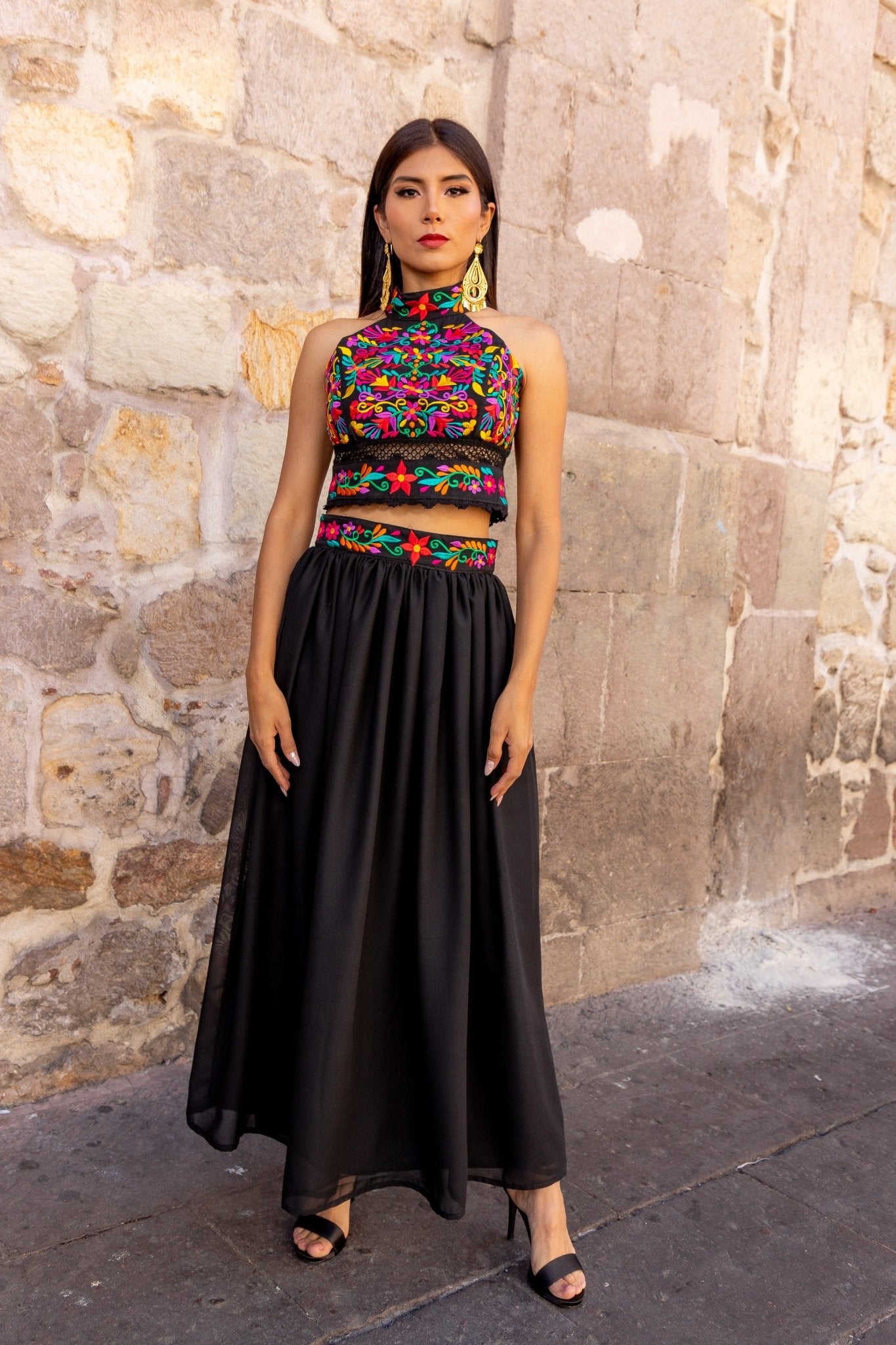 Mexican Floral Embroidered 2 Piece Dress. Vestido Tulum. - Solei Store