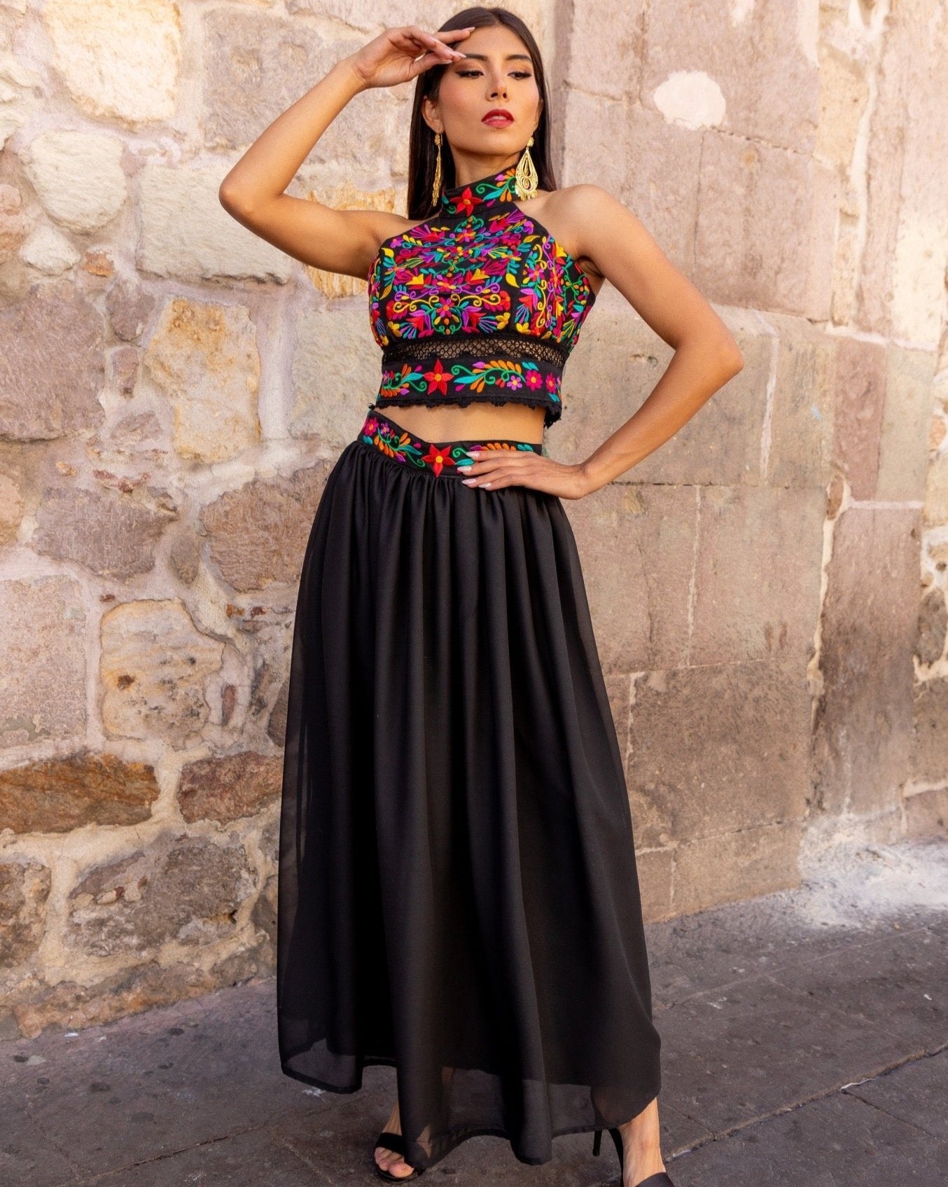 Mexican Floral Embroidered 2 Piece Dress. Vestido Tulum. - Solei Store