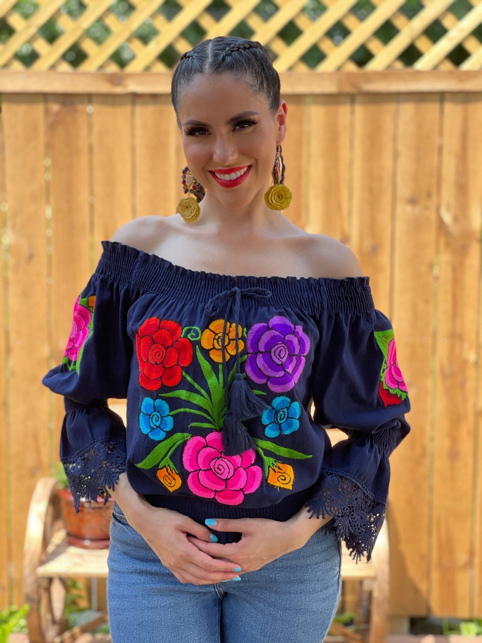 Mexican Floral Embroidered Bell Sleeve Blouse. Blusa Gema. - Solei Store