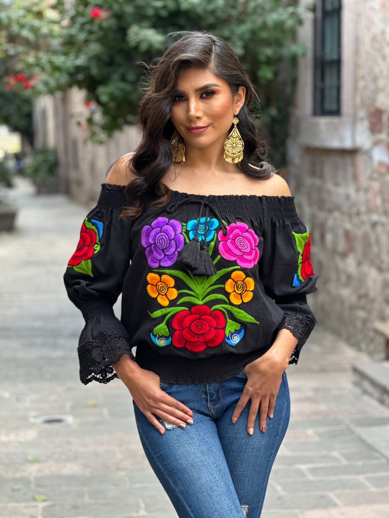 Mexican Floral Embroidered Bell Sleeve Blouse. Blusa Gema. - Solei Store