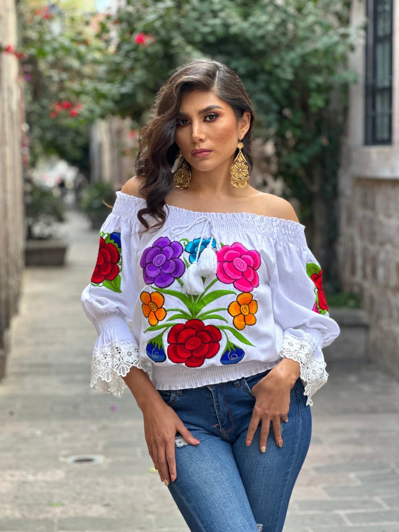 Mexican Floral Embroidered Bell Sleeve Blouse. Blusa Gema. - Solei Store
