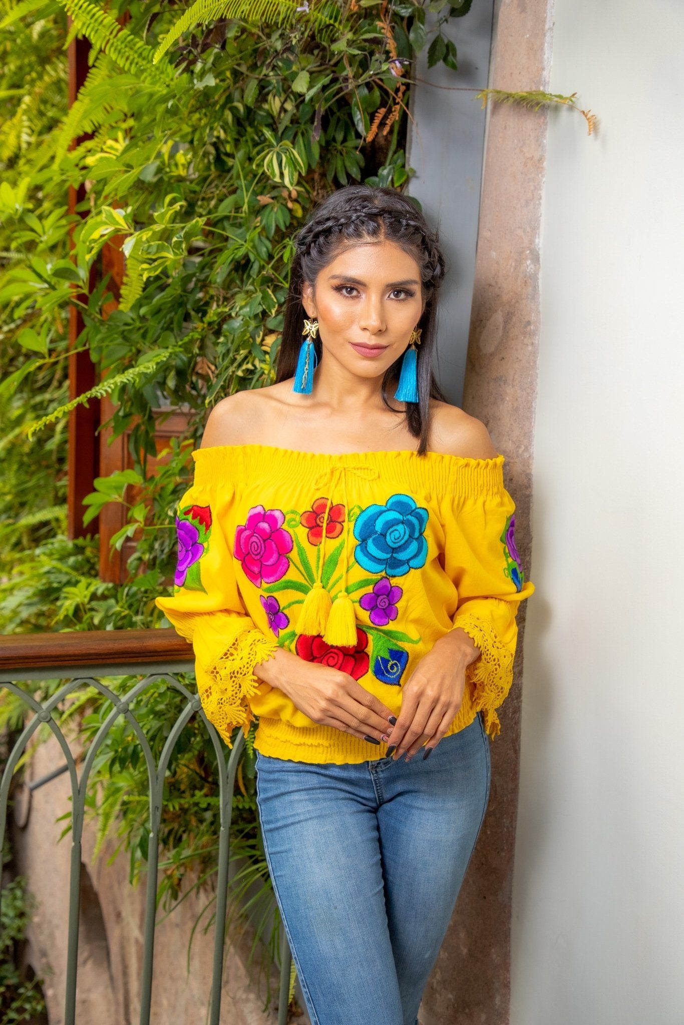 Mexican Floral Embroidered Bell Sleeve Blouse. Blusa Gema. - Solei Store