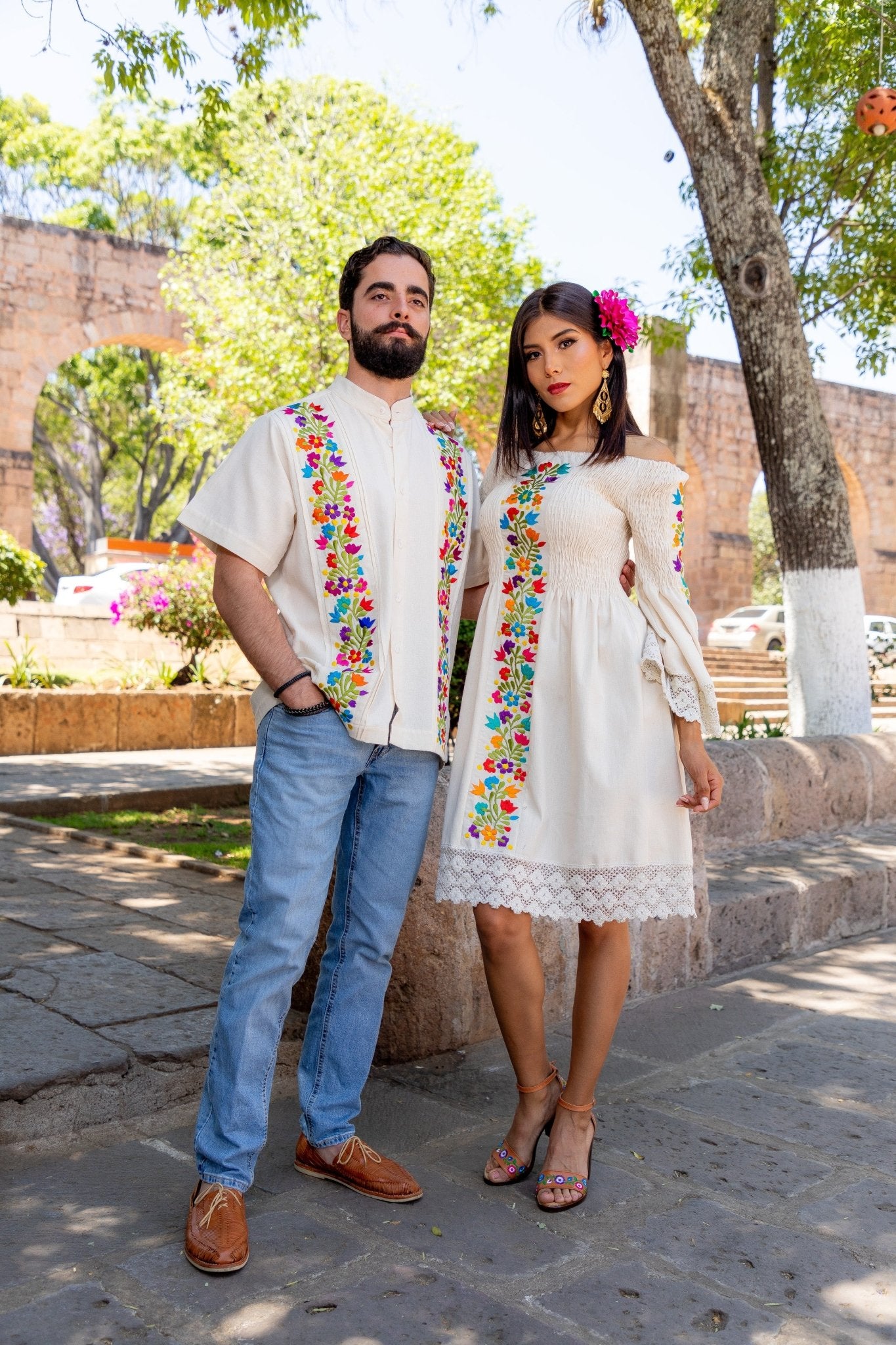 Mexican Floral Embroidered Bell Sleeve Dress. Diana Dress - Solei Store