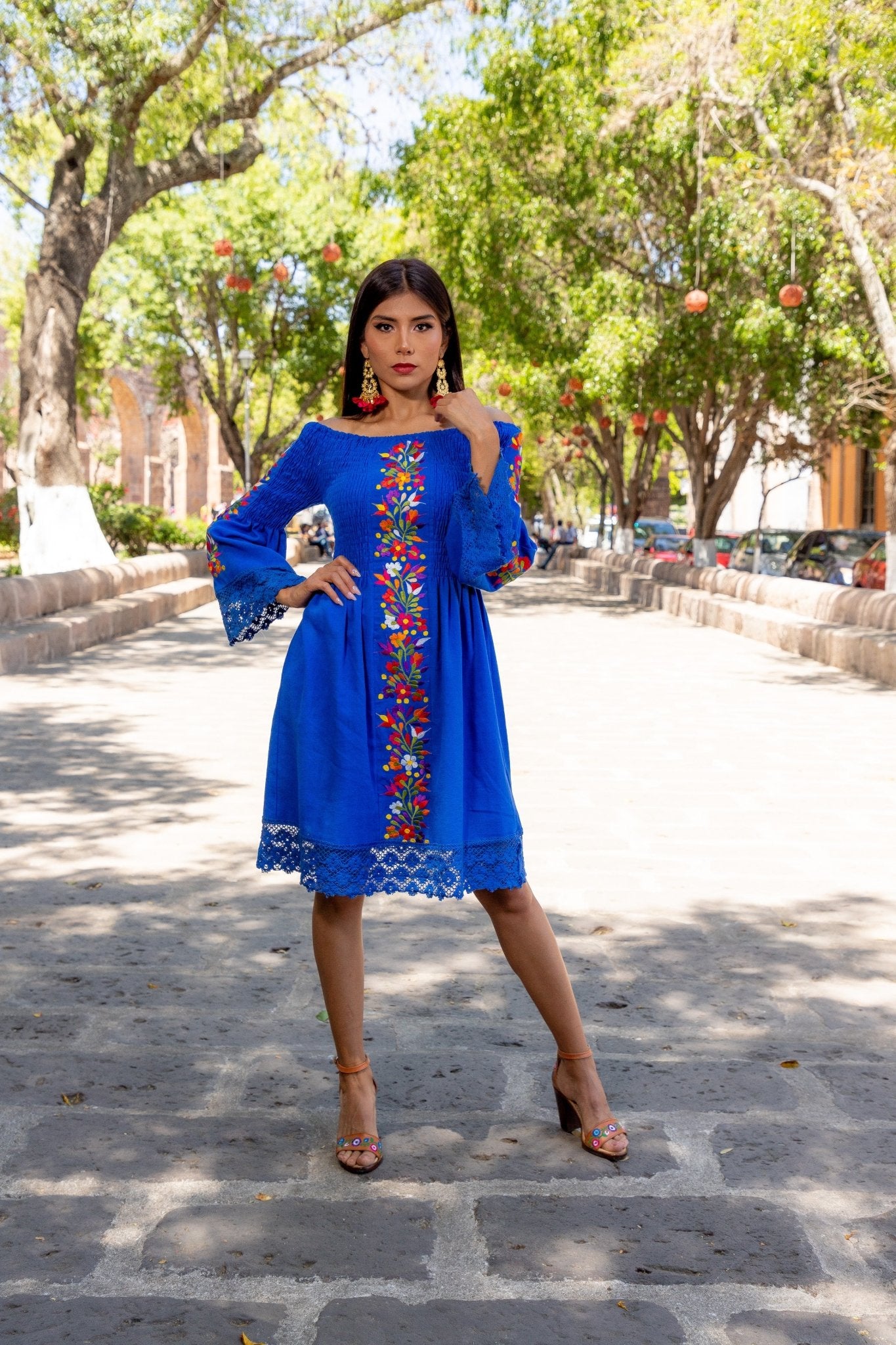 Mexican Floral Embroidered Bell Sleeve Dress in Royal Blue with floral embroidery