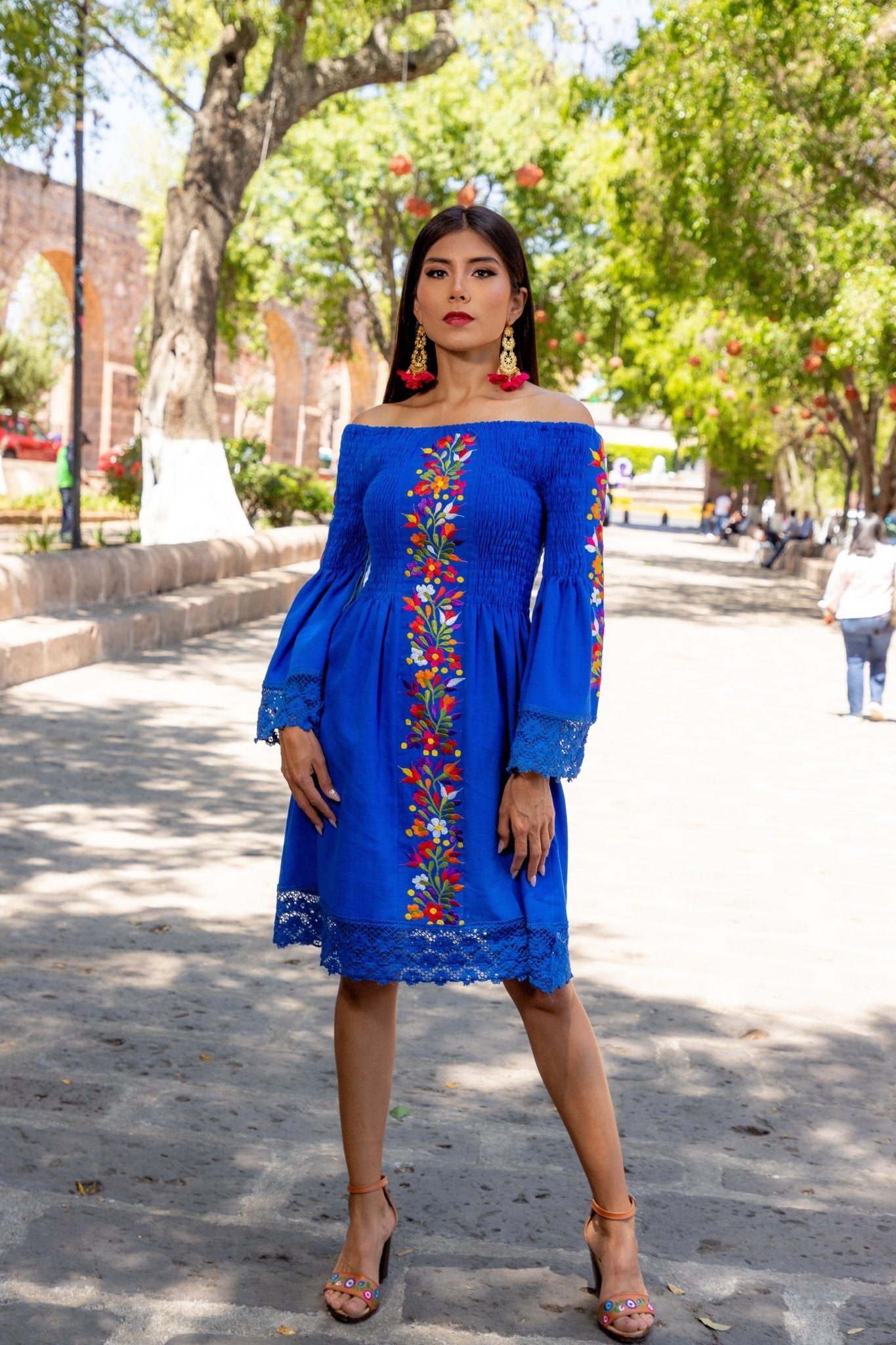 Mexican Floral Embroidered Bell Sleeve Dress in Royal Blue with floral embroidery