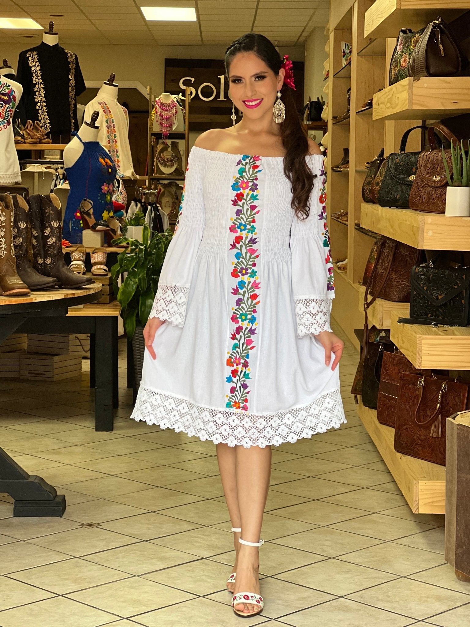 Mexican Floral Embroidered Bell Sleeve Dress. Diana Dress - Solei Store