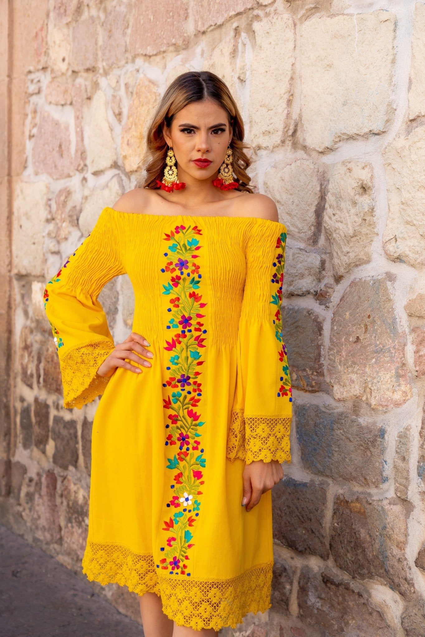 Mexican Floral Embroidered Bell Sleeve Dress in Yellow with floral embroidery