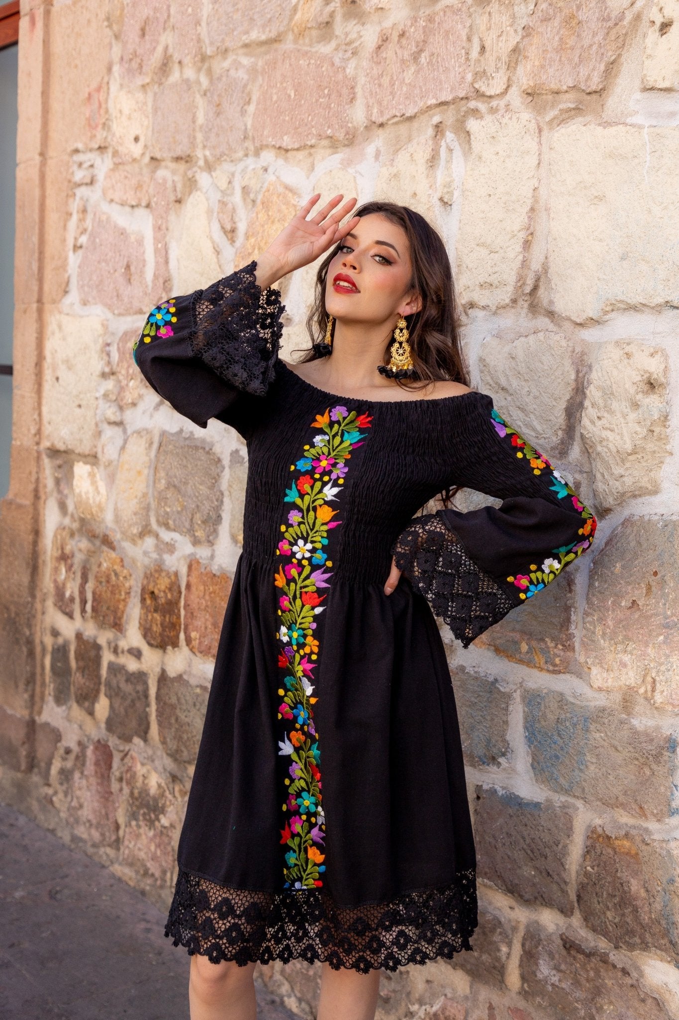 Mexican Floral Embroidered Bell Sleeve Dress in Black with floral embroidery