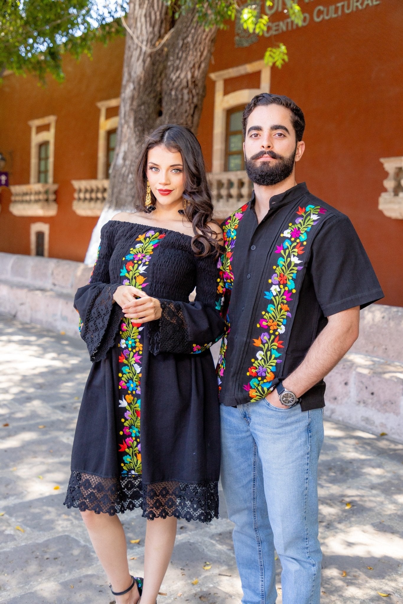Mexican Floral Embroidered Bell Sleeve Dress in Black with floral embroidery