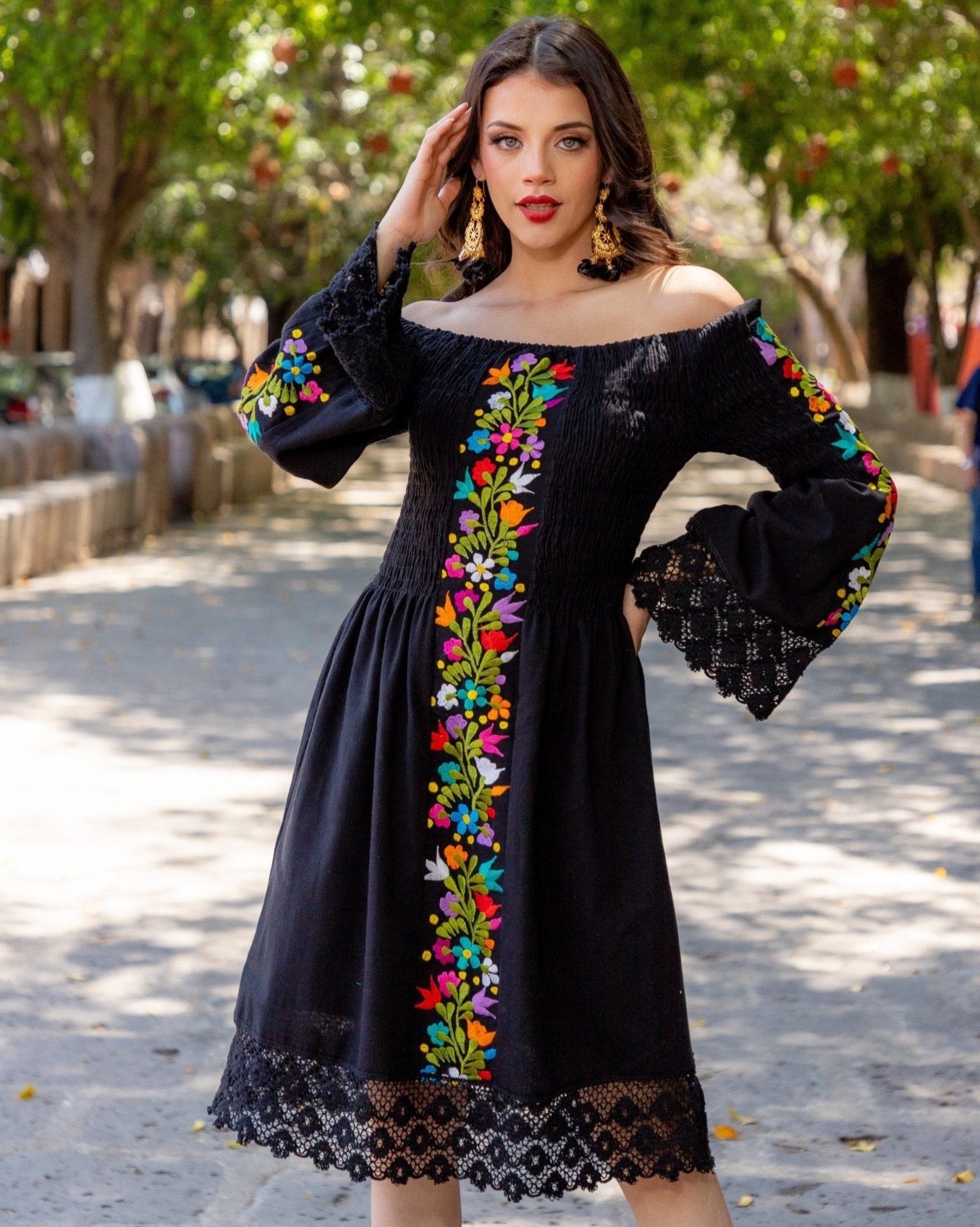 Mexican Floral Embroidered Bell Sleeve Dress in Black with floral embroidery