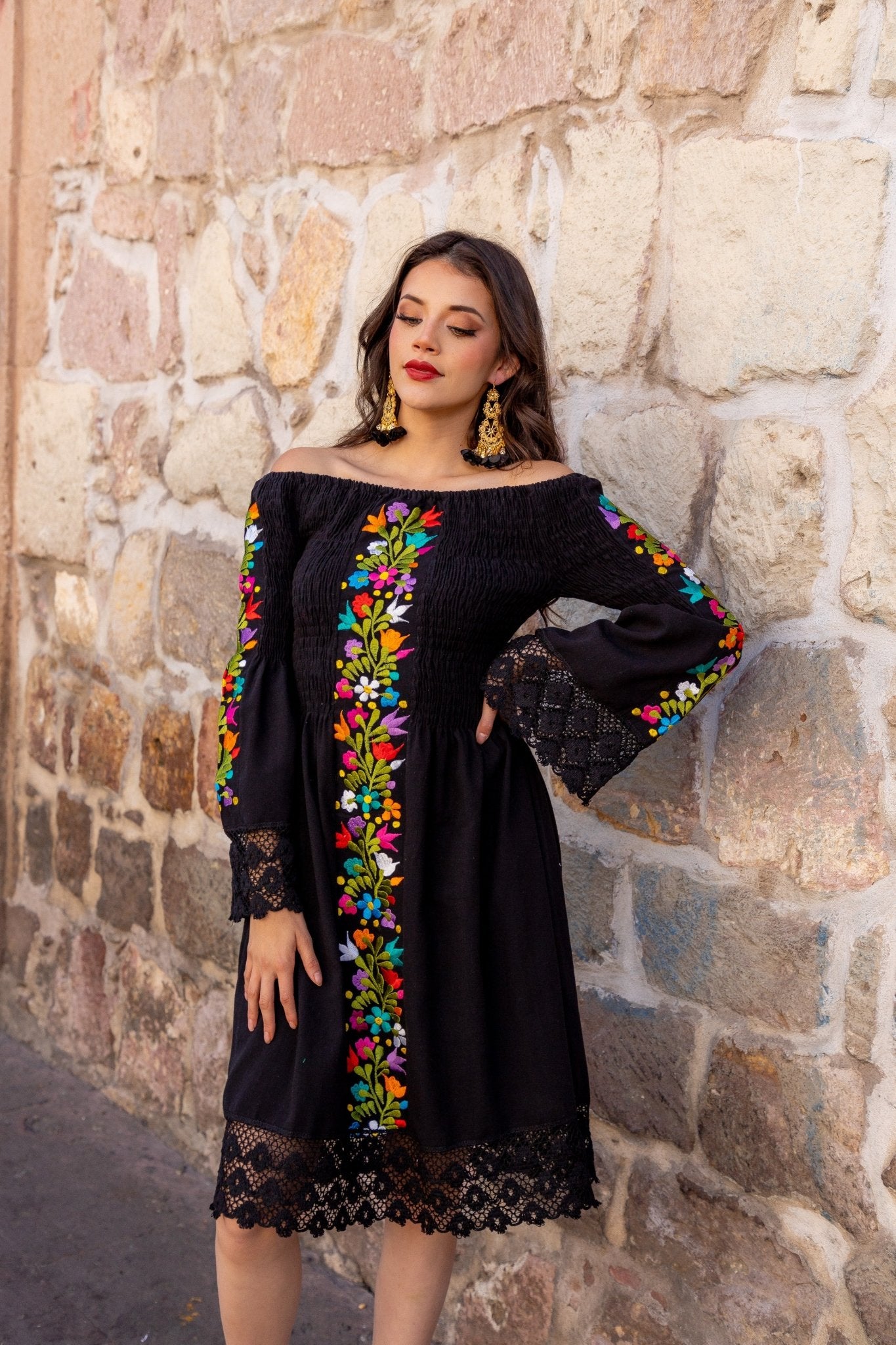 Mexican Floral Embroidered Bell Sleeve Dress in Black with floral embroidery