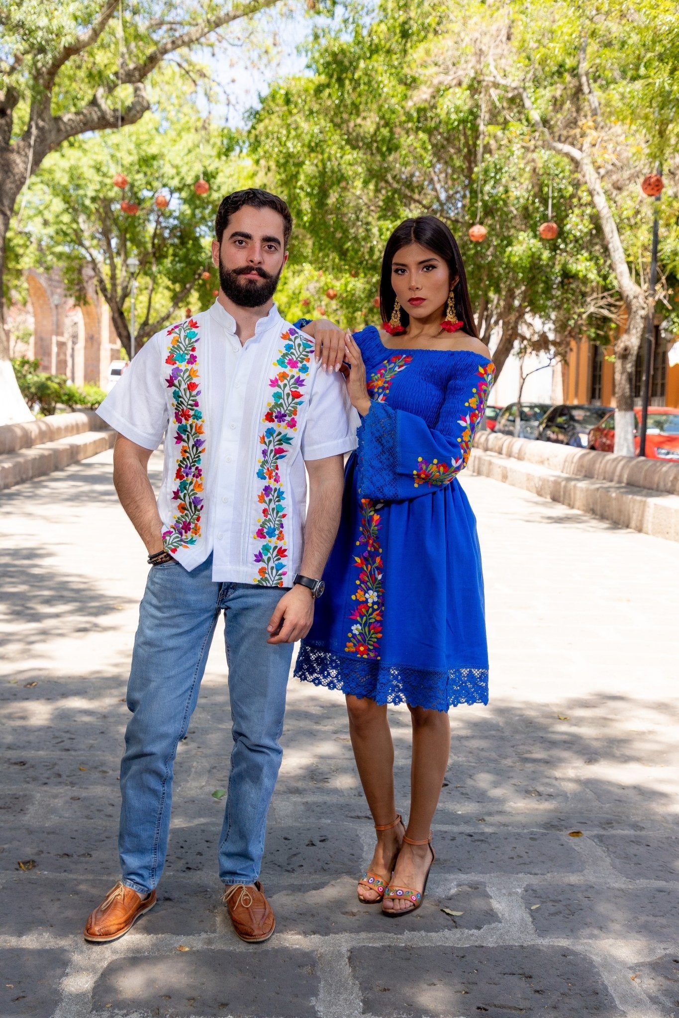 Mexican Floral Embroidered Bell Sleeve Dress in Royal Blue with floral embroidery