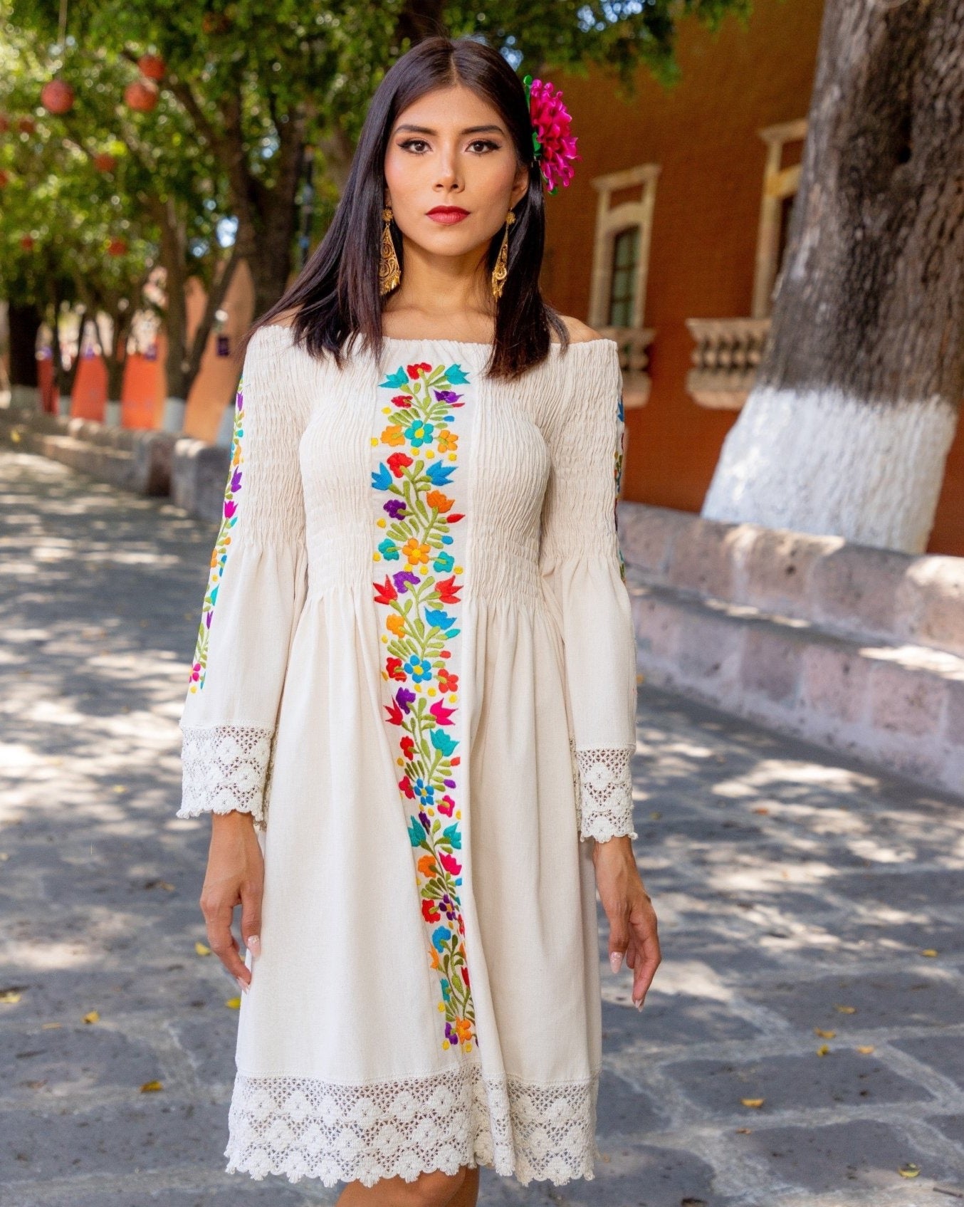 Mexican Floral Embroidered Bell Sleeve Dress in Beige with floral embroidery