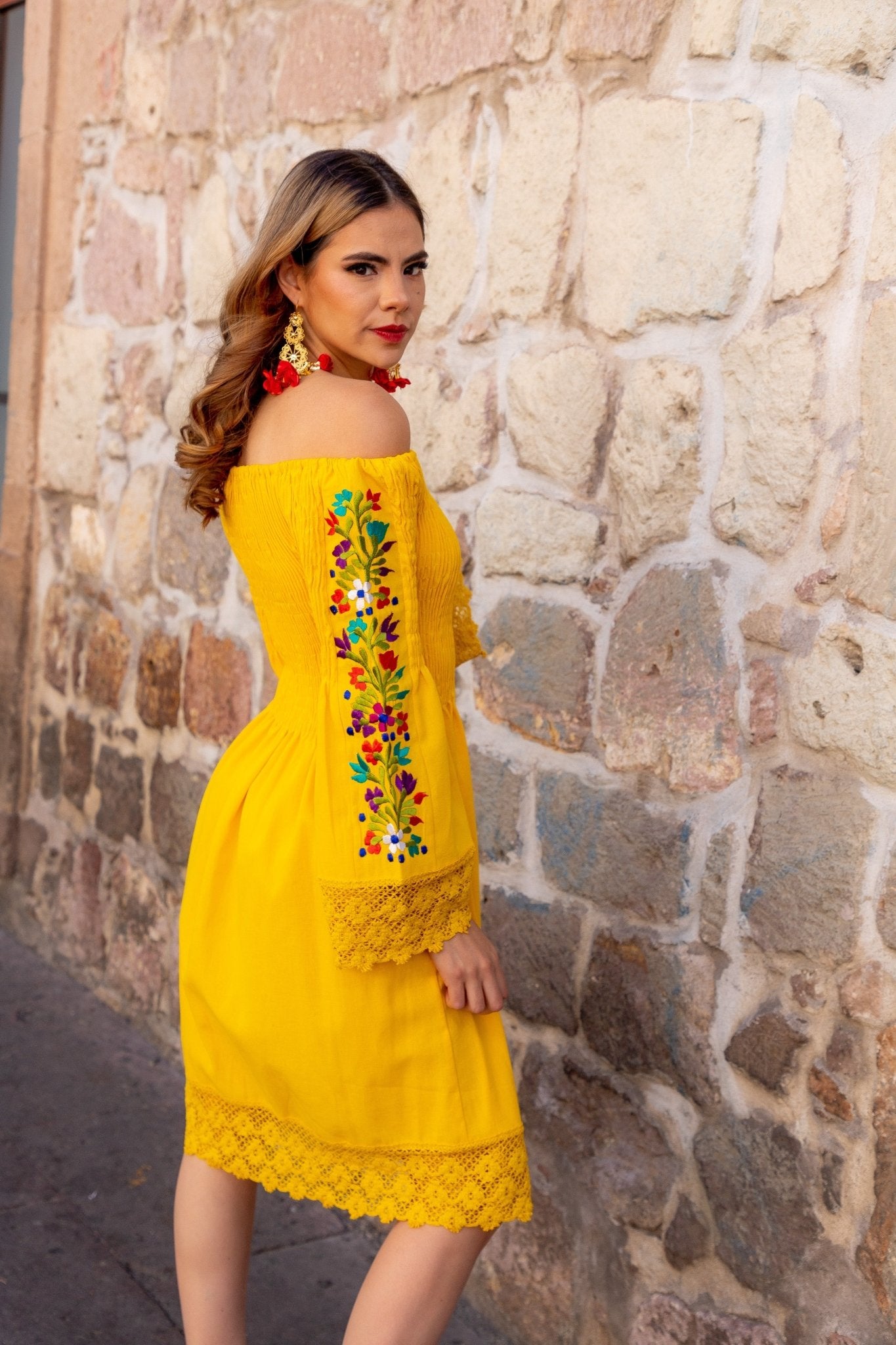 Mexican Floral Embroidered Bell Sleeve Dress in Yellow with floral embroidery