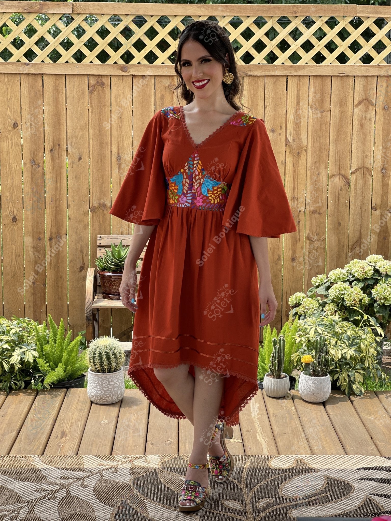 Mexican Floral Embroidered Bell Sleeve Naabani Dress - Solei Store