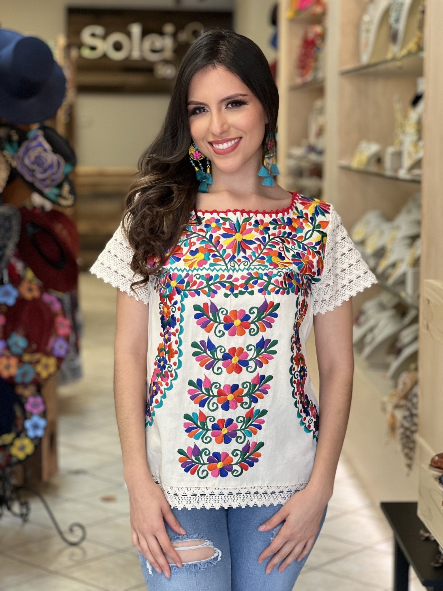 Mexican Floral Embroidered Blouse. Artisanal Mexican Blouse. Otomi Floral Blouse. - Solei Store