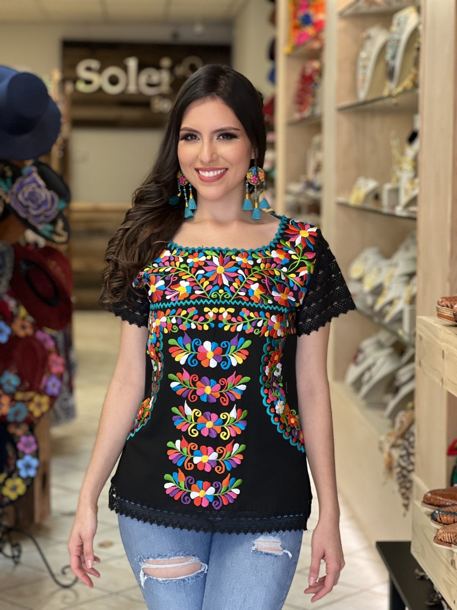 Mexican Floral Embroidered Blouse. Artisanal Mexican Blouse. Otomi Floral Blouse. - Solei Store