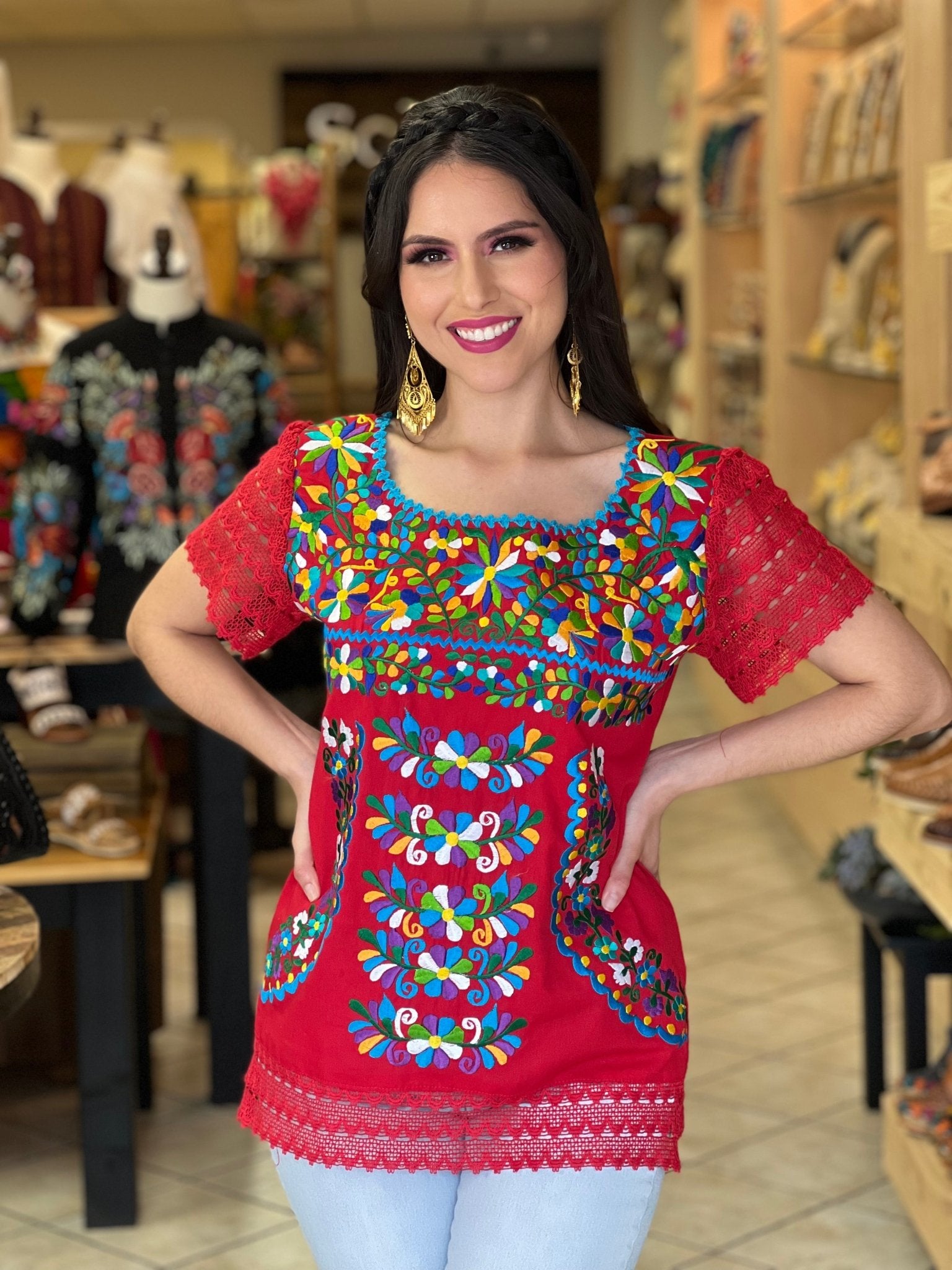 Mexican Floral Embroidered Blouse. Artisanal Mexican Blouse. Otomi Floral Blouse. - Solei Store