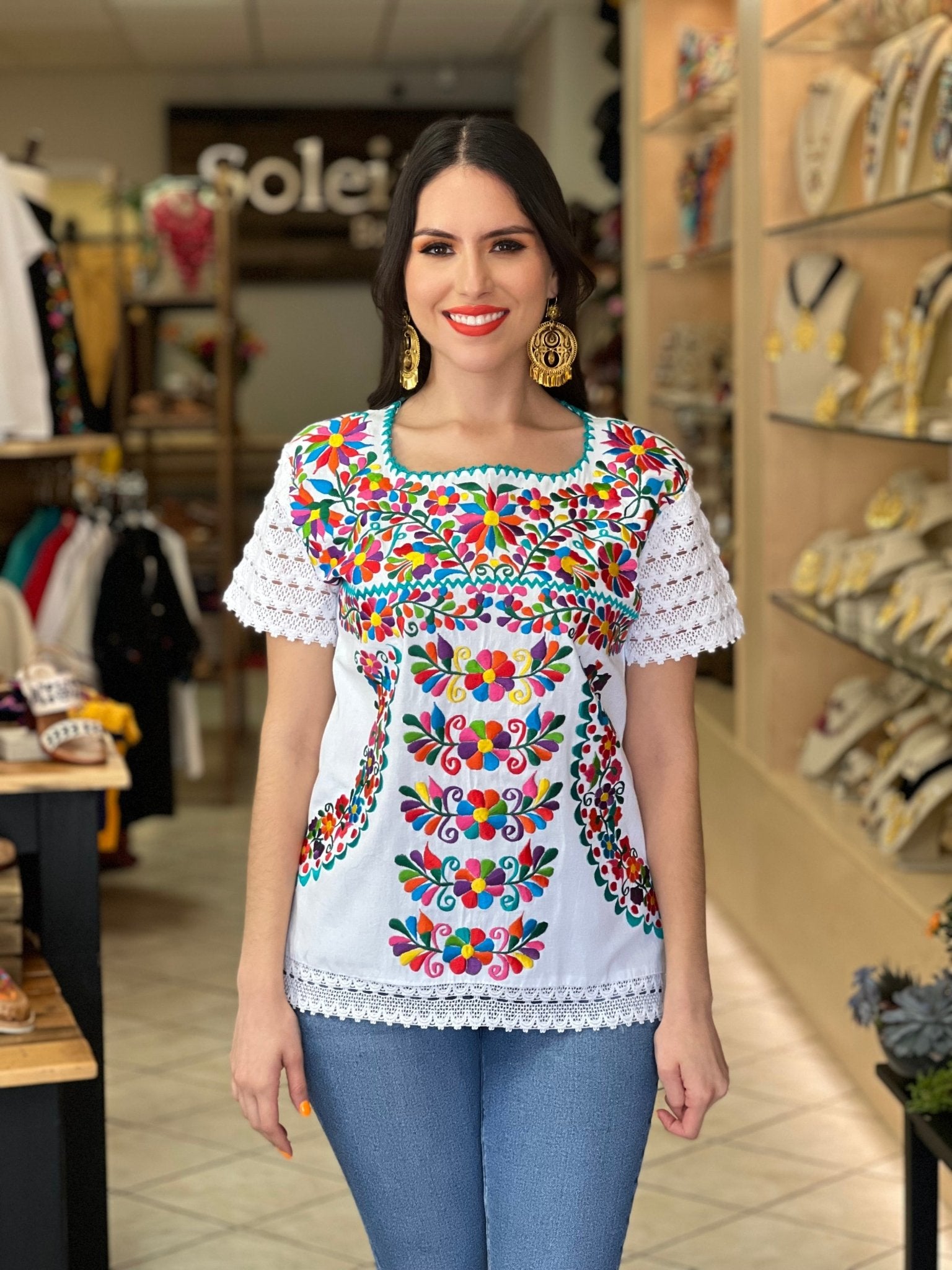 Mexican Floral Embroidered Blouse. Artisanal Mexican Blouse. Otomi Floral Blouse. - Solei Store