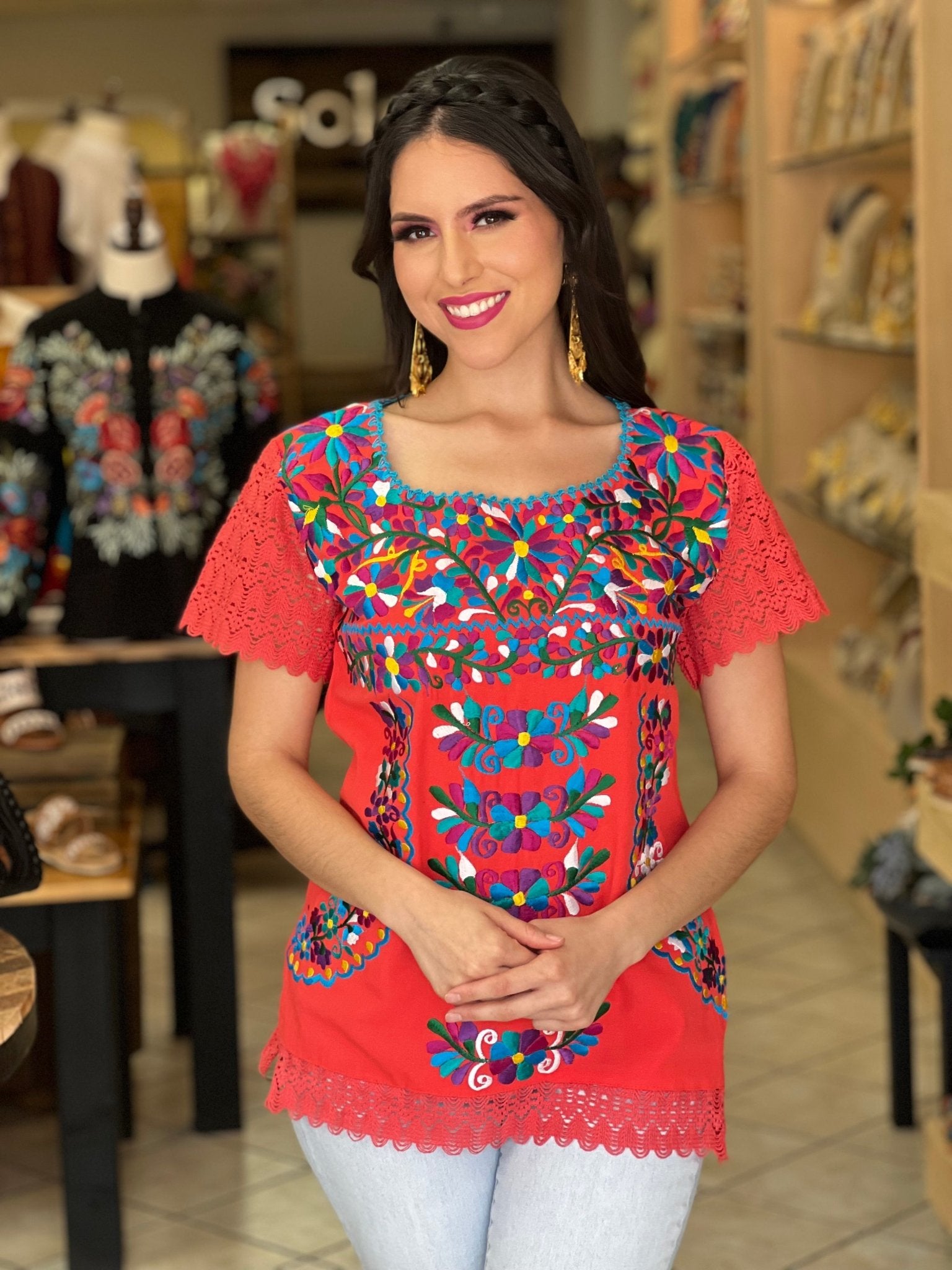 Mexican Floral Embroidered Blouse. Artisanal Mexican Blouse. Otomi Floral Blouse. - Solei Store