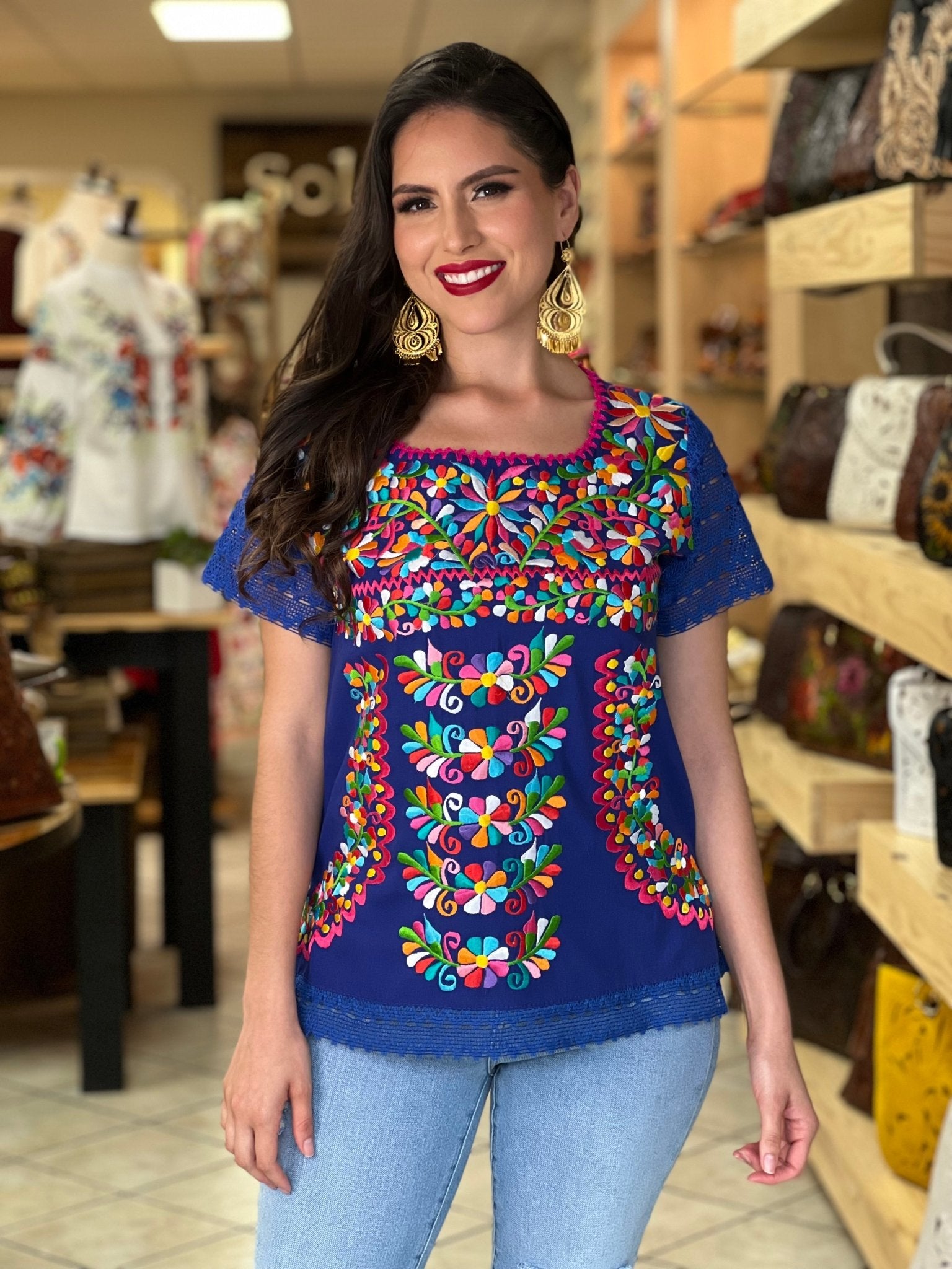 Mexican Floral Embroidered Blouse. Artisanal Mexican Blouse. Otomi Floral Blouse. - Solei Store