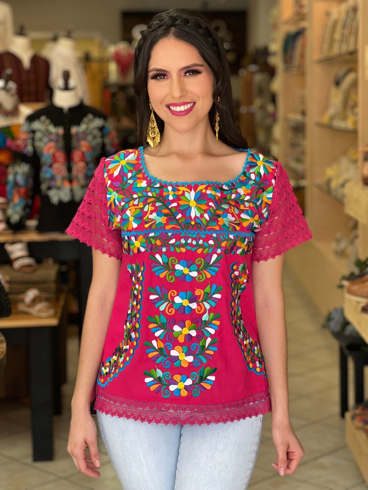Mexican Floral Embroidered Blouse. Artisanal Mexican Blouse. Otomi Floral Blouse. - Solei Store