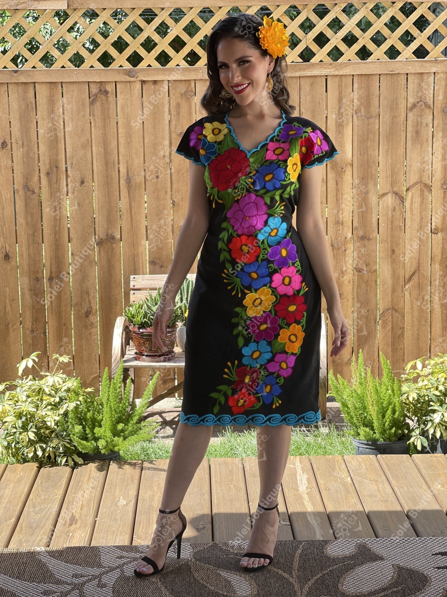 Mexican Floral Embroidered Dress in Black with multicolor embroidery