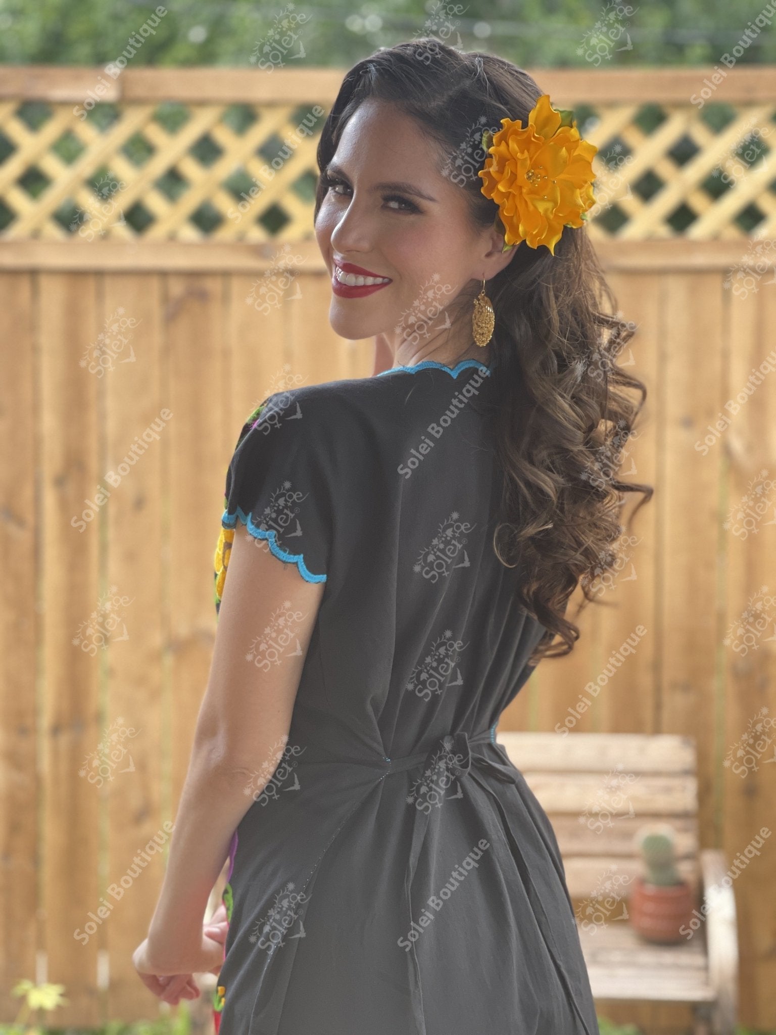 Mexican Floral Embroidered Dress in Black with multicolor embroidery