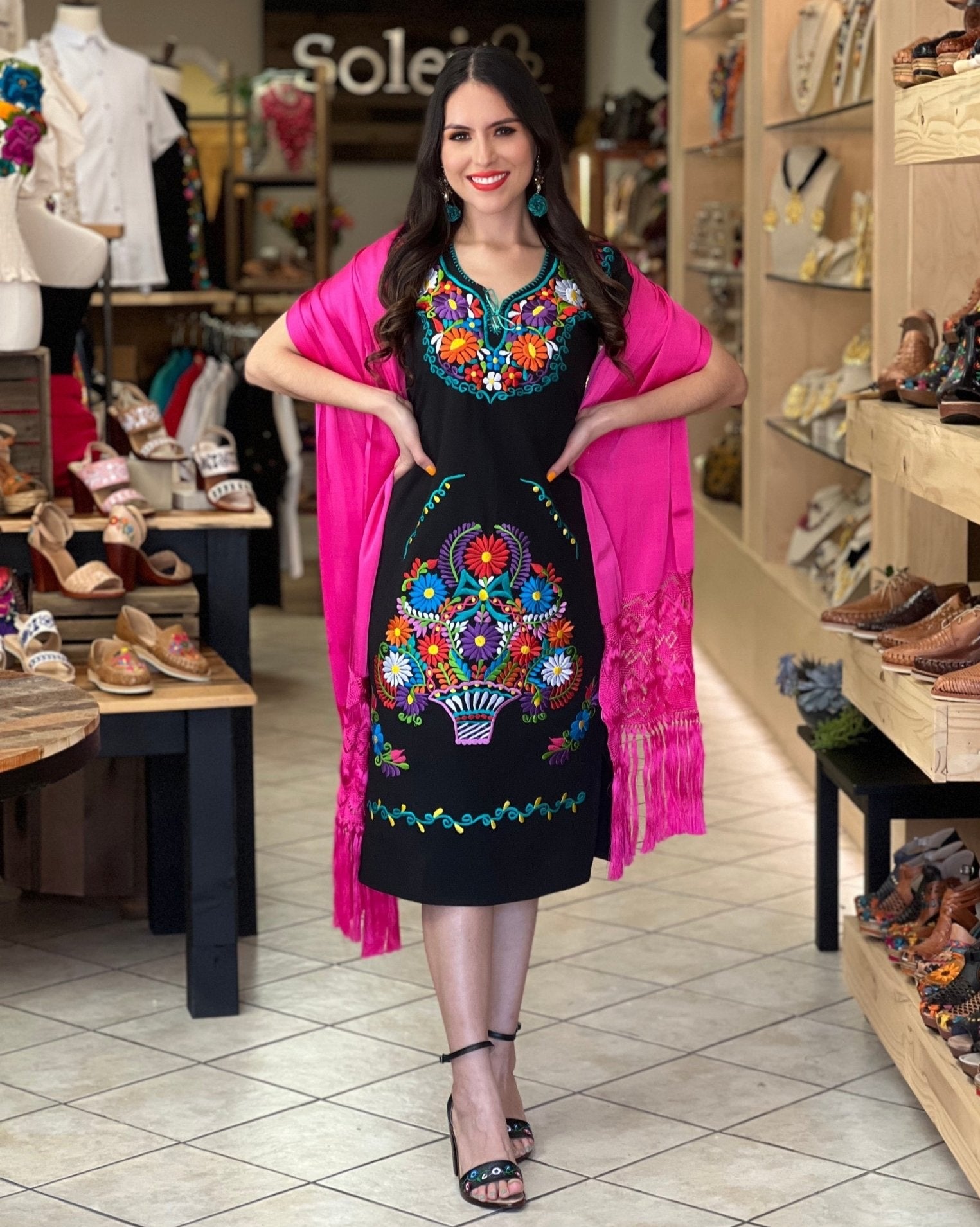 Mexican Floral Embroidered Dress. Kimono Largo Dress. - Solei Store