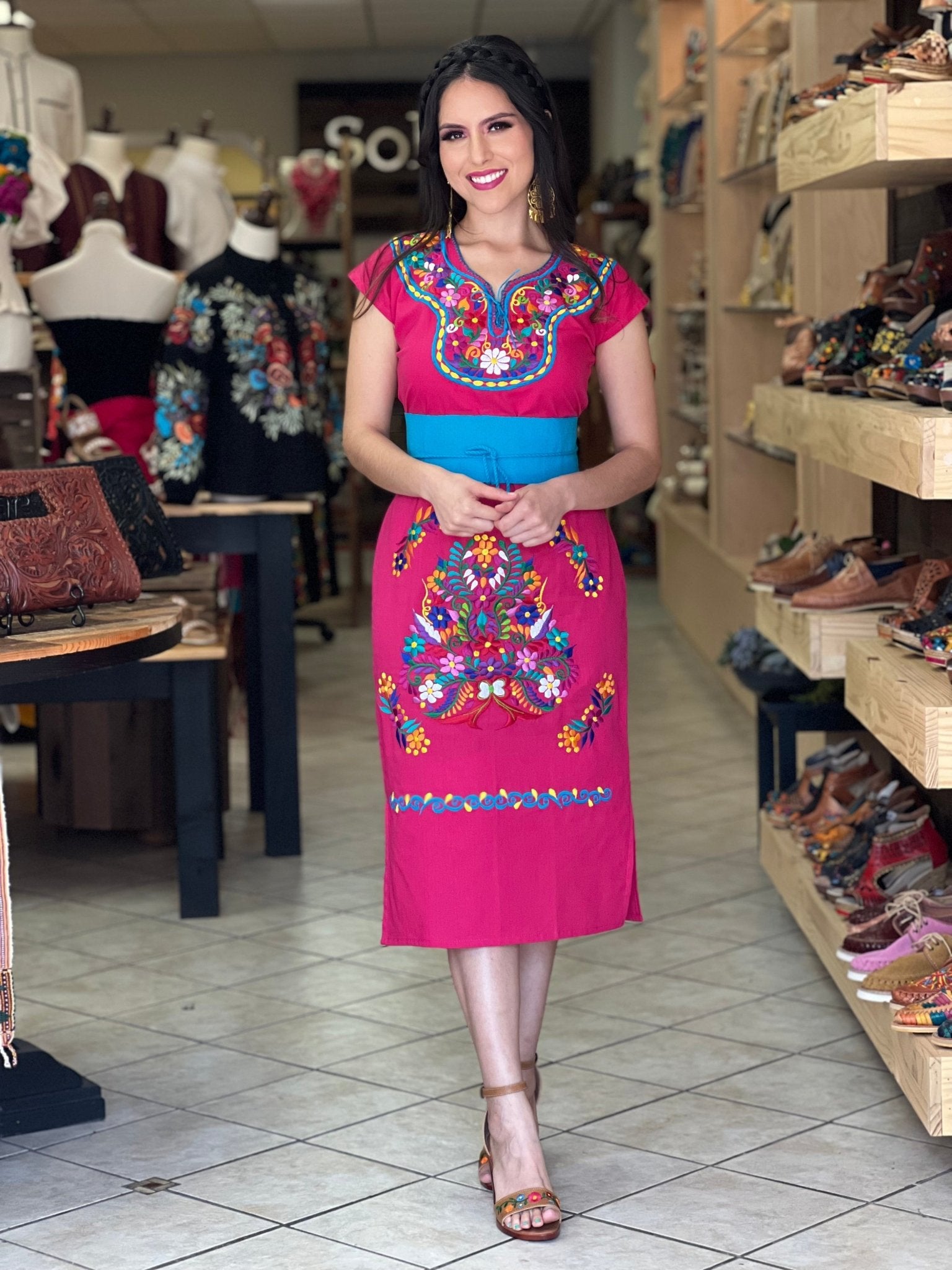 Mexican Floral Embroidered Dress. Kimono Largo Dress. - Solei Store