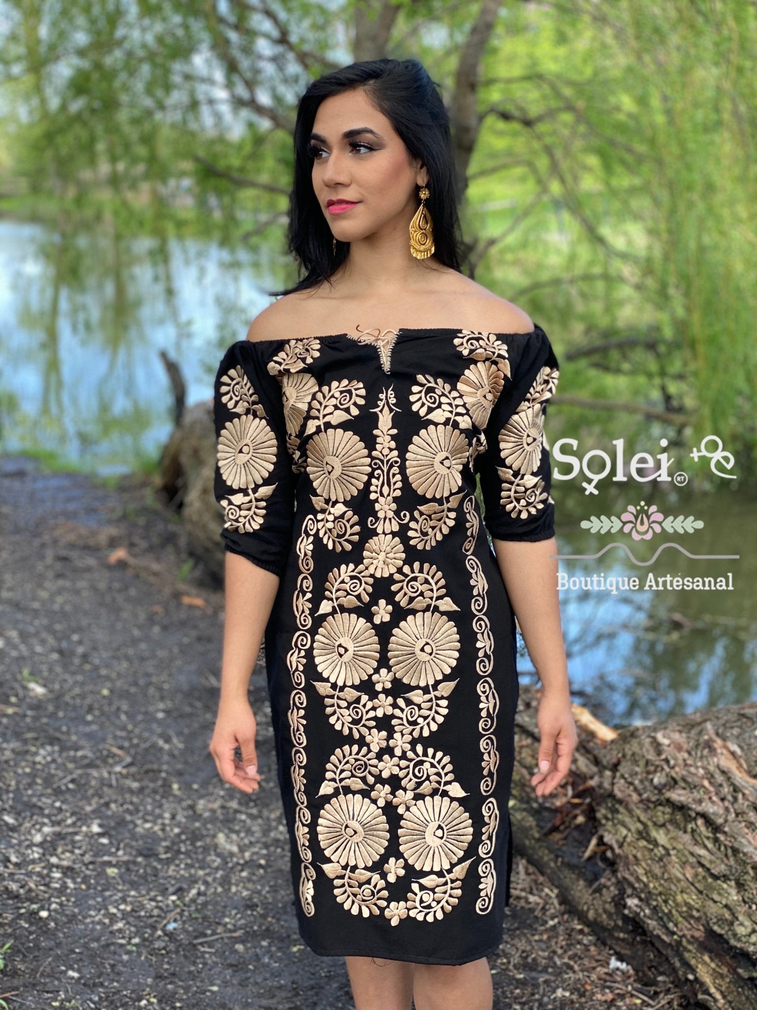 Mexican Floral Embroidered Golden Dress. Vestido Andrea Dorado - Solei Store