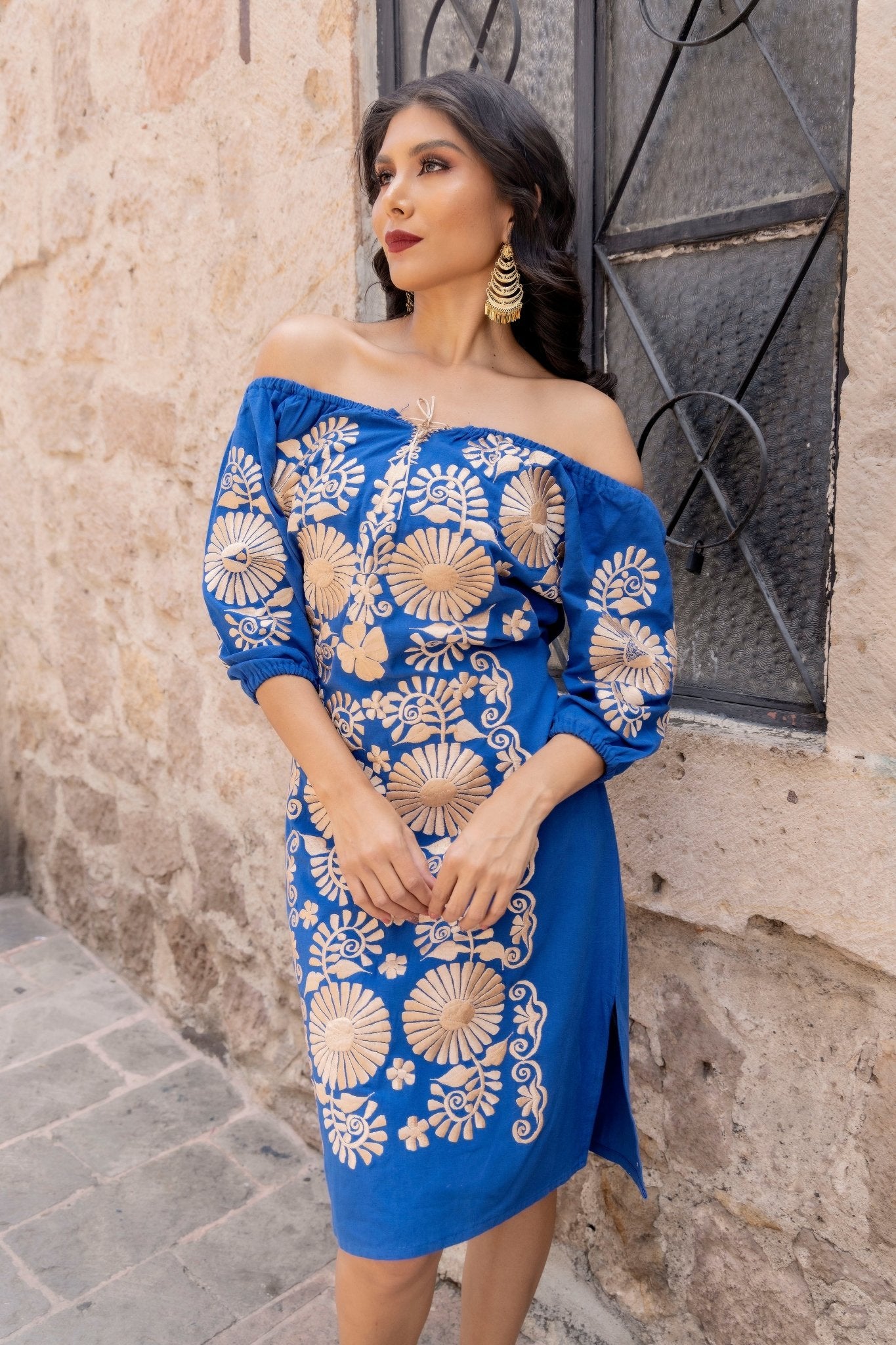 Mexican Floral Embroidered Golden Dress. Vestido Andrea Dorado - Solei Store