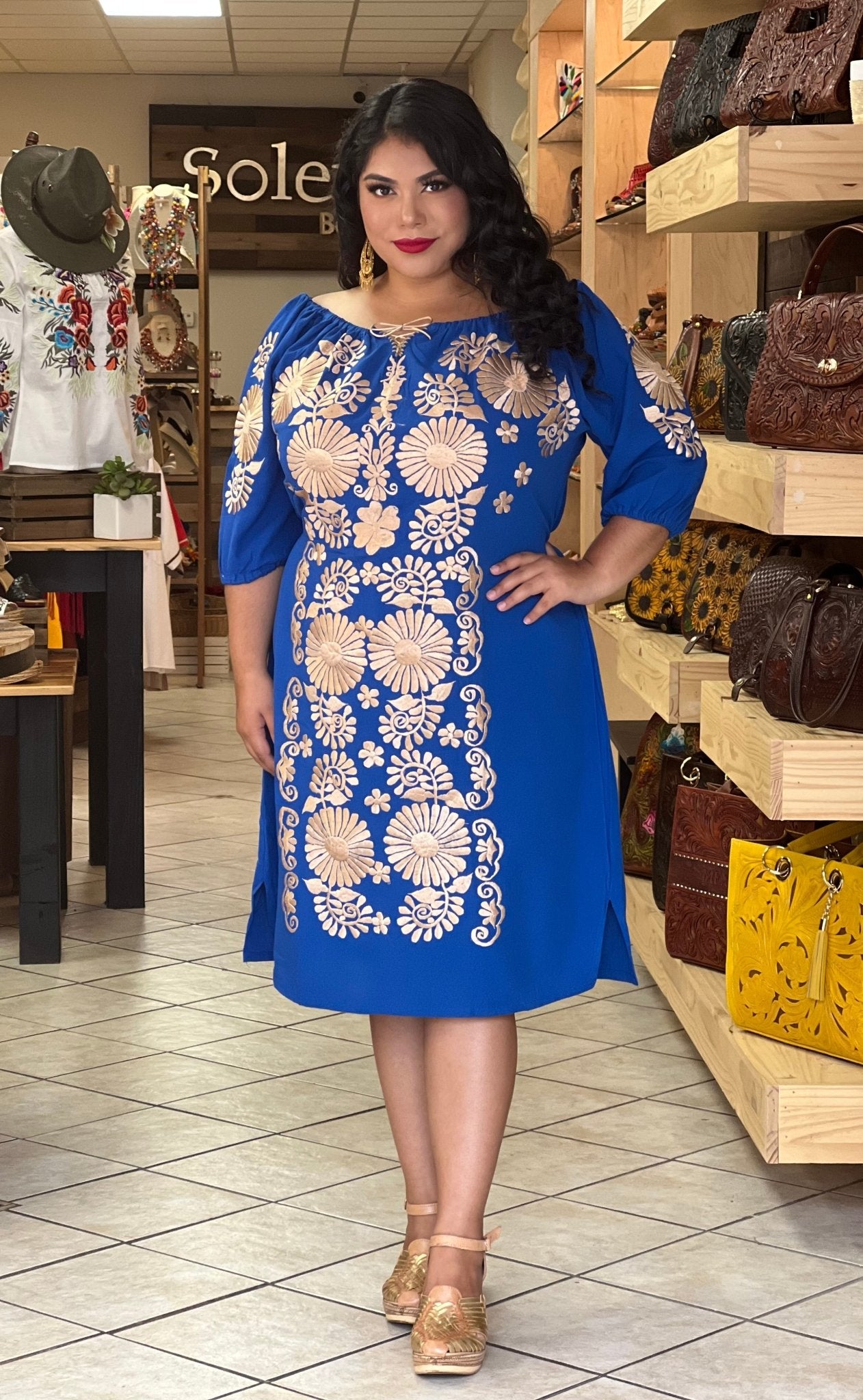 Mexican Floral Embroidered Golden Dress. Vestido Andrea Dorado - Solei Store