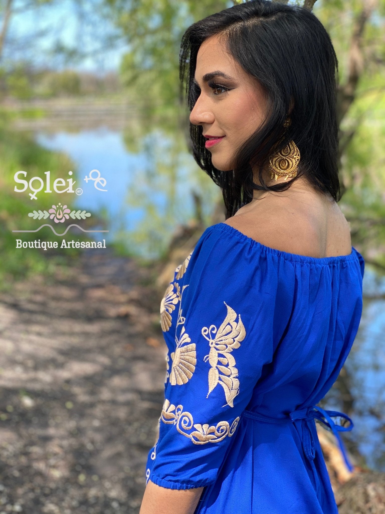 Mexican Floral Embroidered Golden Dress. Vestido Andrea Dorado - Solei Store