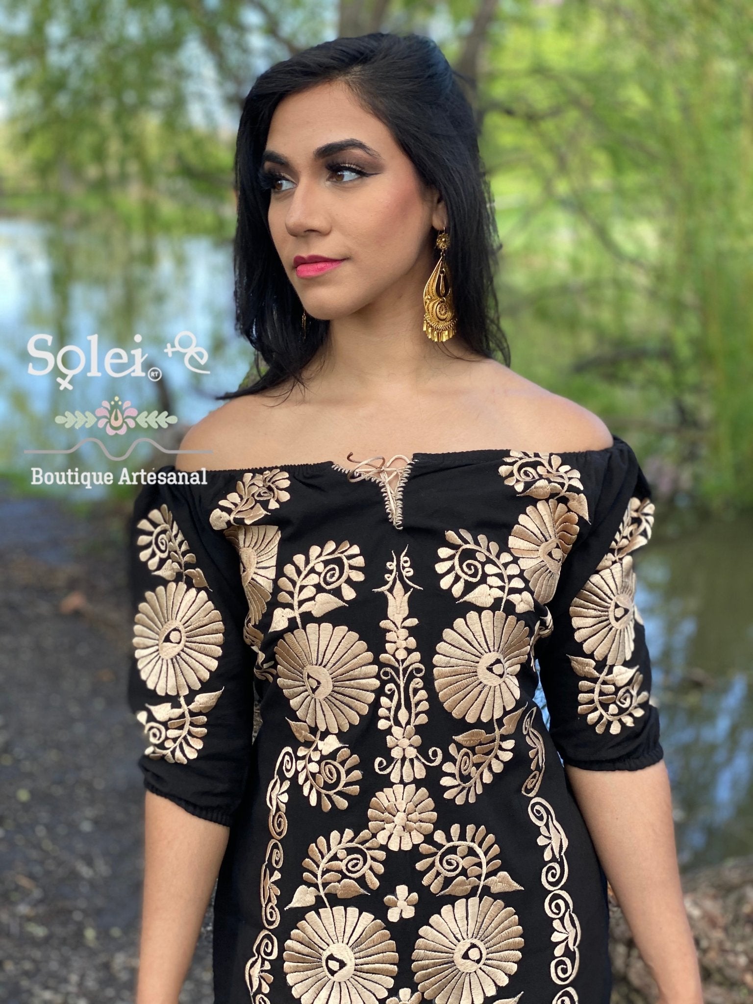 Mexican Floral Embroidered Golden Dress. Vestido Andrea Dorado - Solei Store