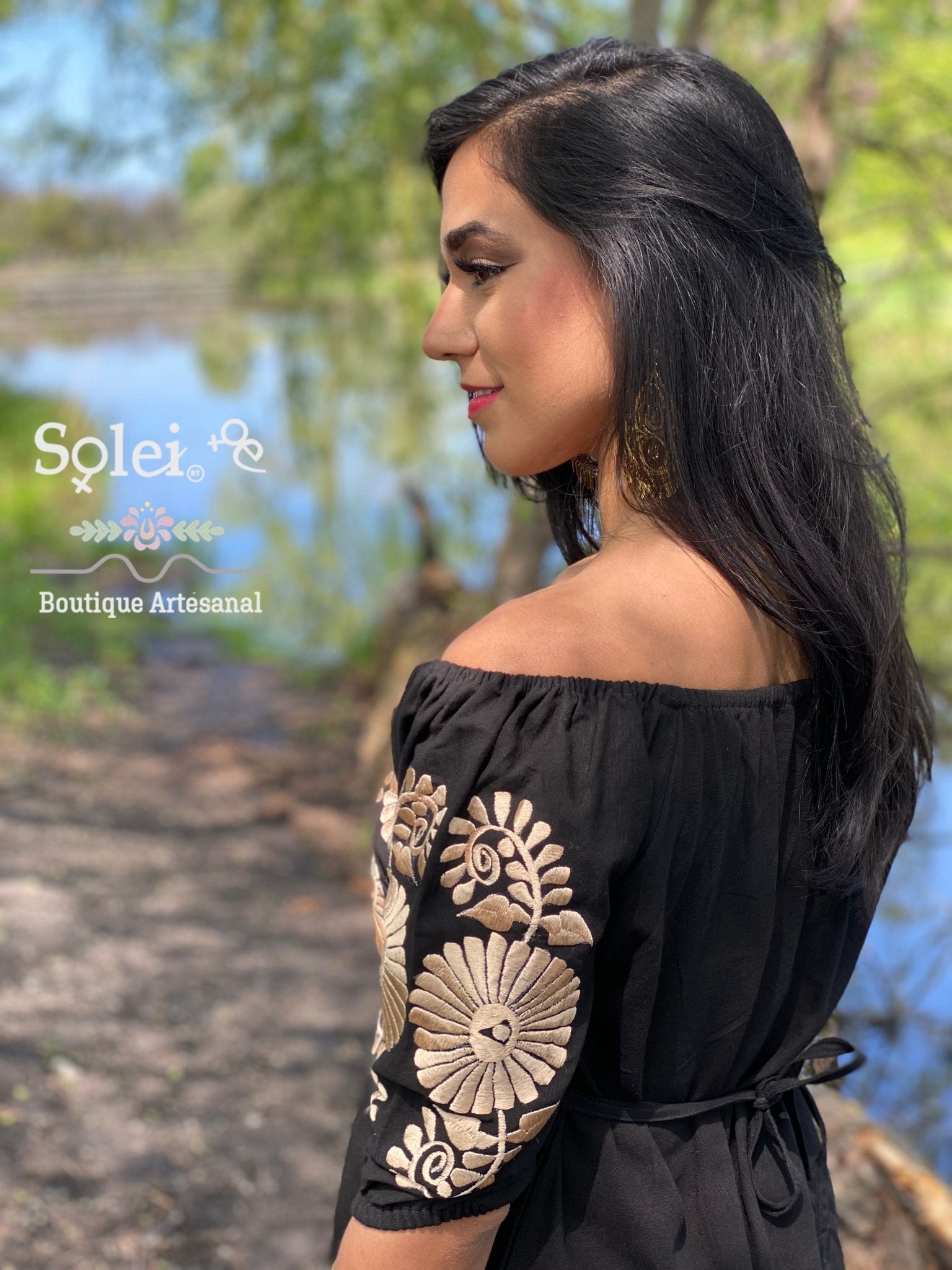 Mexican Floral Embroidered Golden Dress. Vestido Andrea Dorado - Solei Store