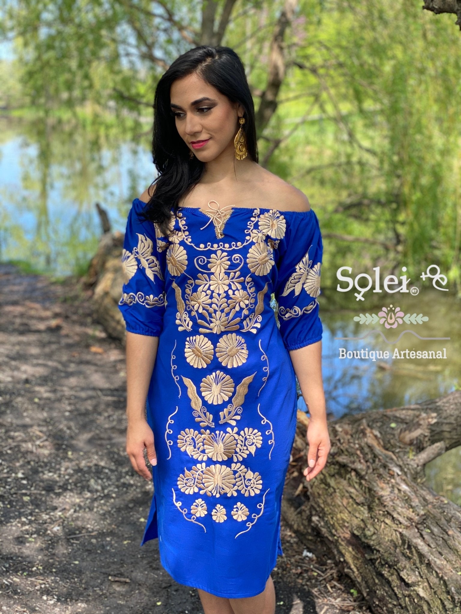 Mexican Floral Embroidered Golden Dress. Vestido Andrea Dorado - Solei Store