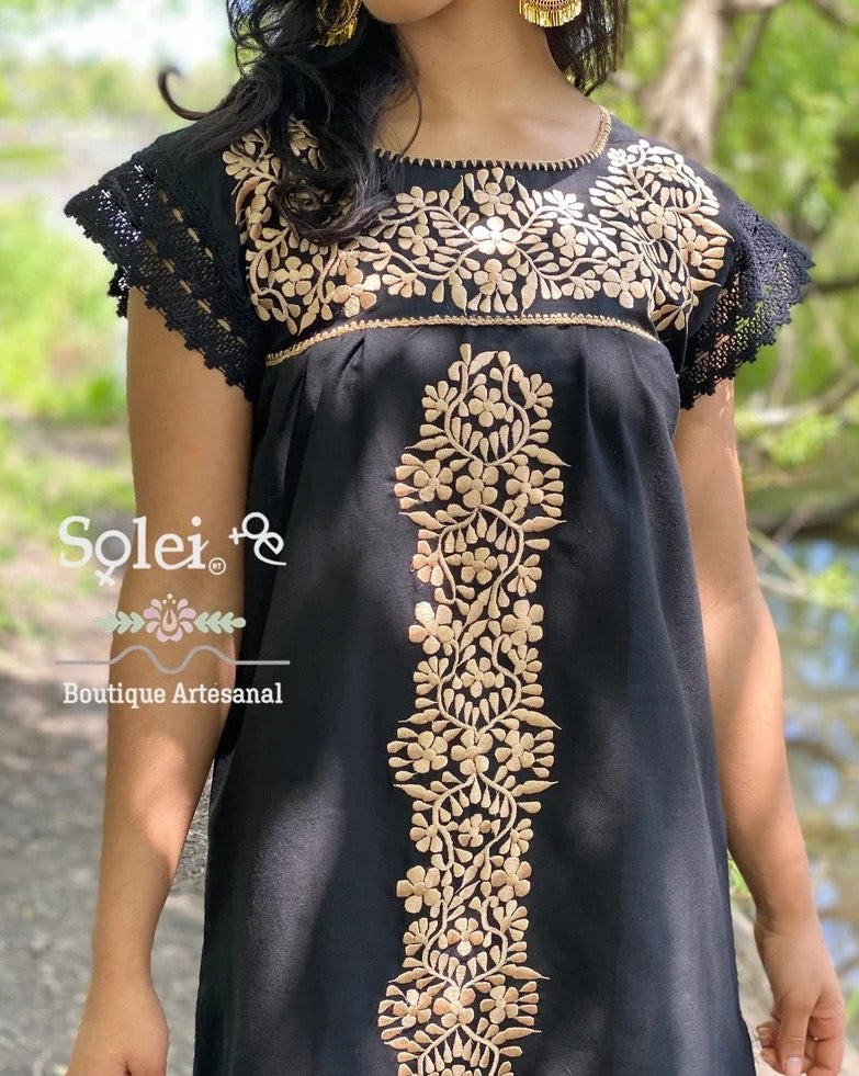 Mexican Floral Embroidered Golden Dress. Vestido Reyna Dorado - Solei Store
