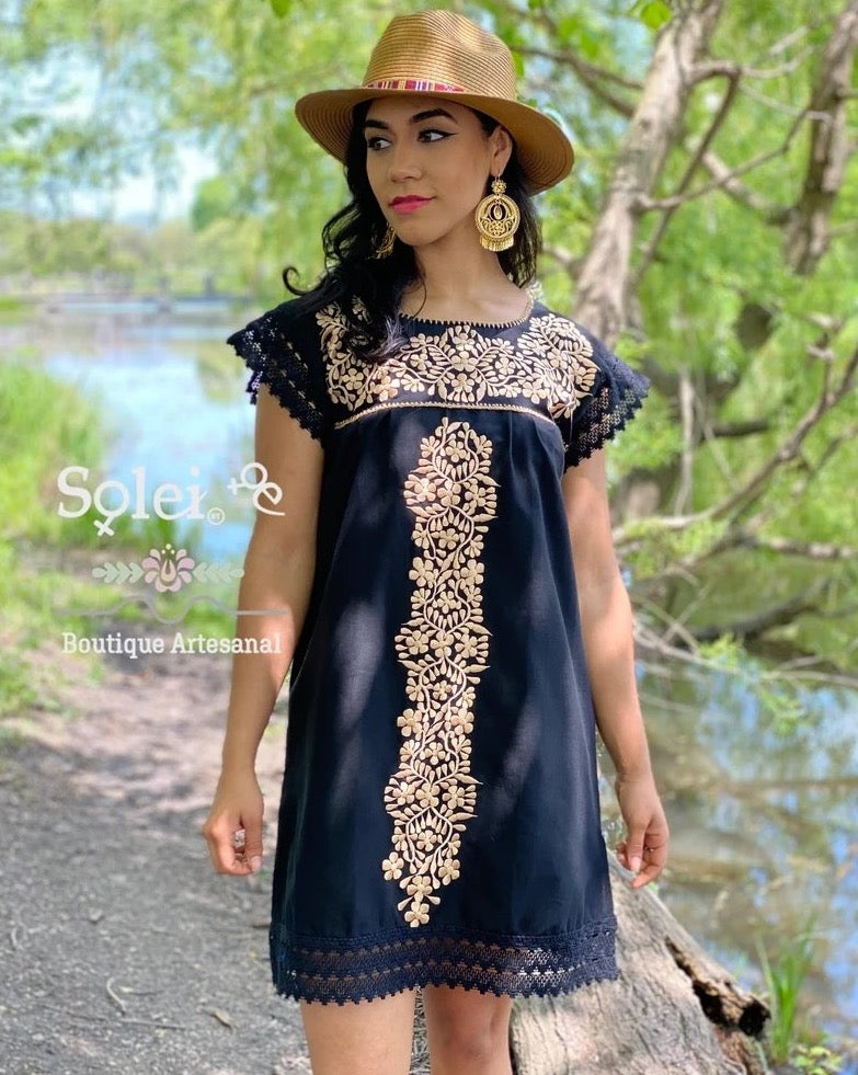 Mexican Floral Embroidered Golden Dress. Vestido Reyna Dorado - Solei Store