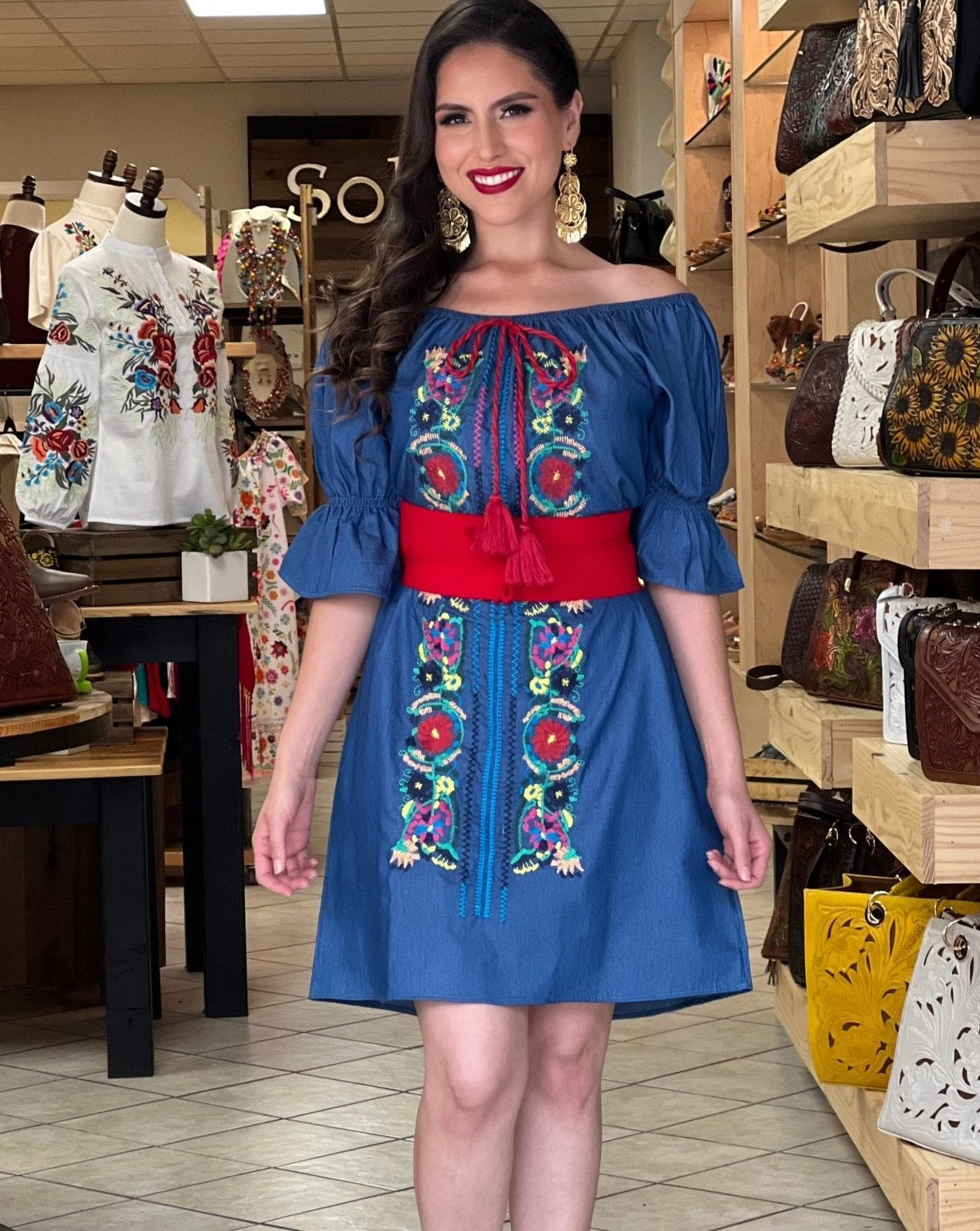 Mexican Floral Embroidered Denim Dress in Denim